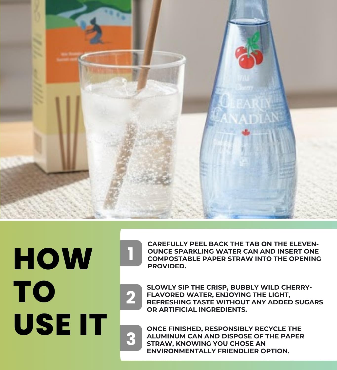 Clearly Canadian Sparkling Water – Water Sparkling Wild Cherry (11oz) Bundle with Straw Paper (50pc) for Refreshing Flavored Hydration and Convenient On-the-Go Sipping – Gift Set (2 Items)