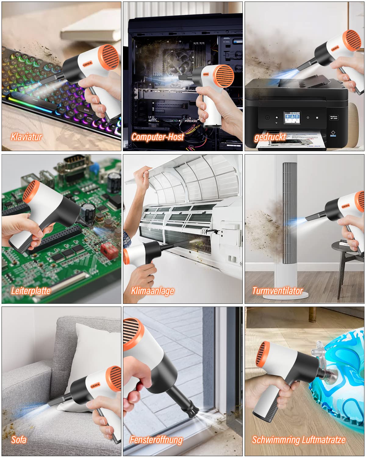 LUCKEA Air Duster Elektrische stofblazer, luchtdrukspray met ledlicht, 6000 mAh accu, toetsenbord, reiniging, persluchtspray voor laptop, bank, auto, kantoorapparaten
