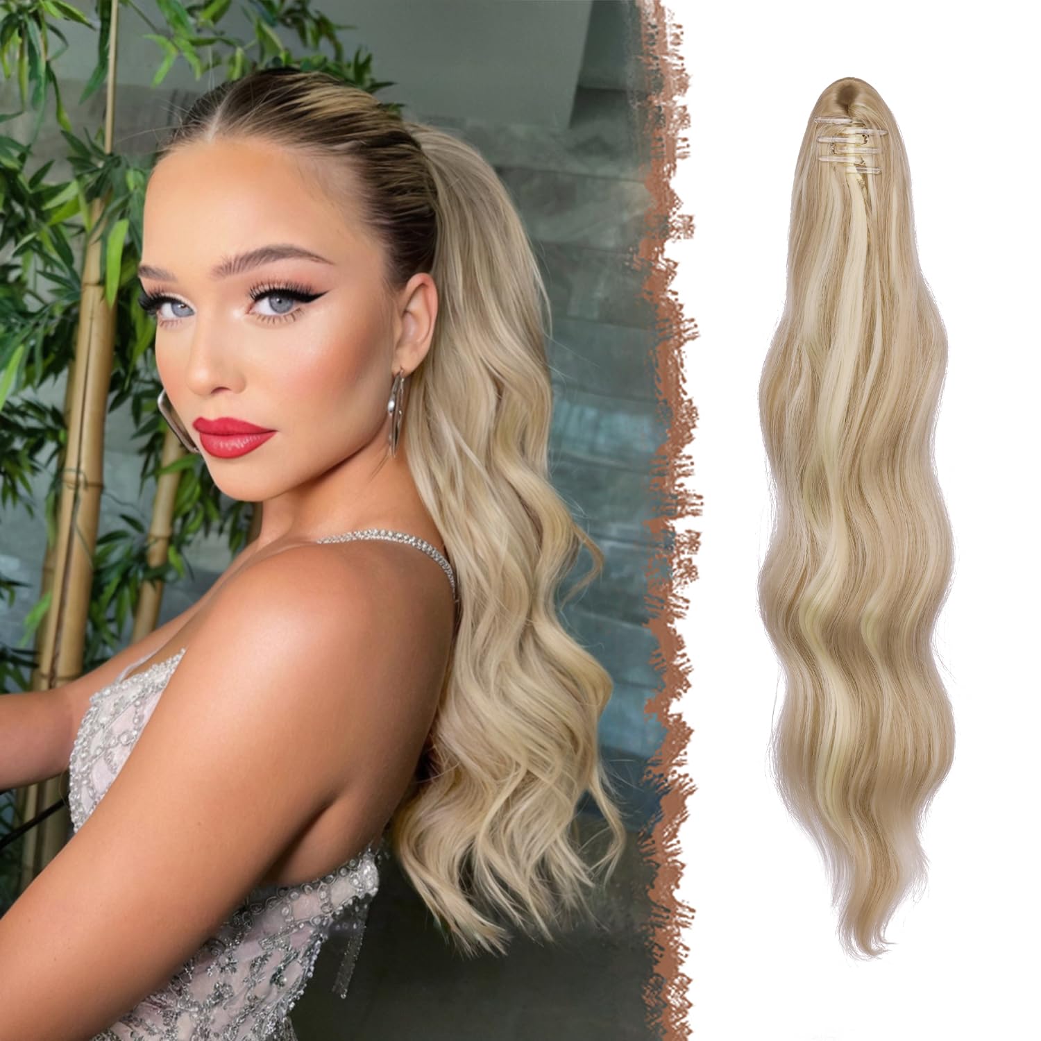 FESHFEN Ponytail Extensions 20 inch Long Wave Ponytail Claw Clip in Pony Tail Hair Extensions Dark Ash Blonde Mixed Bleach Blonde Wavy Ponytails Synthetic Hairpieces for Women Girls