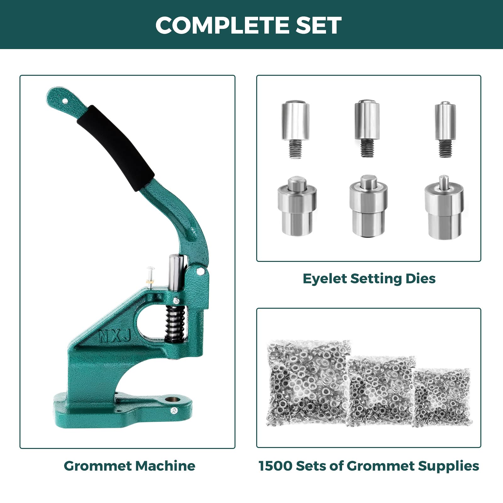 BEAMNOVA Kit di utensili per occhielli a mano, 1/4, 3/8, 1/2 pollici (6, 10, 12 mm), 1500 occhielli in argento
