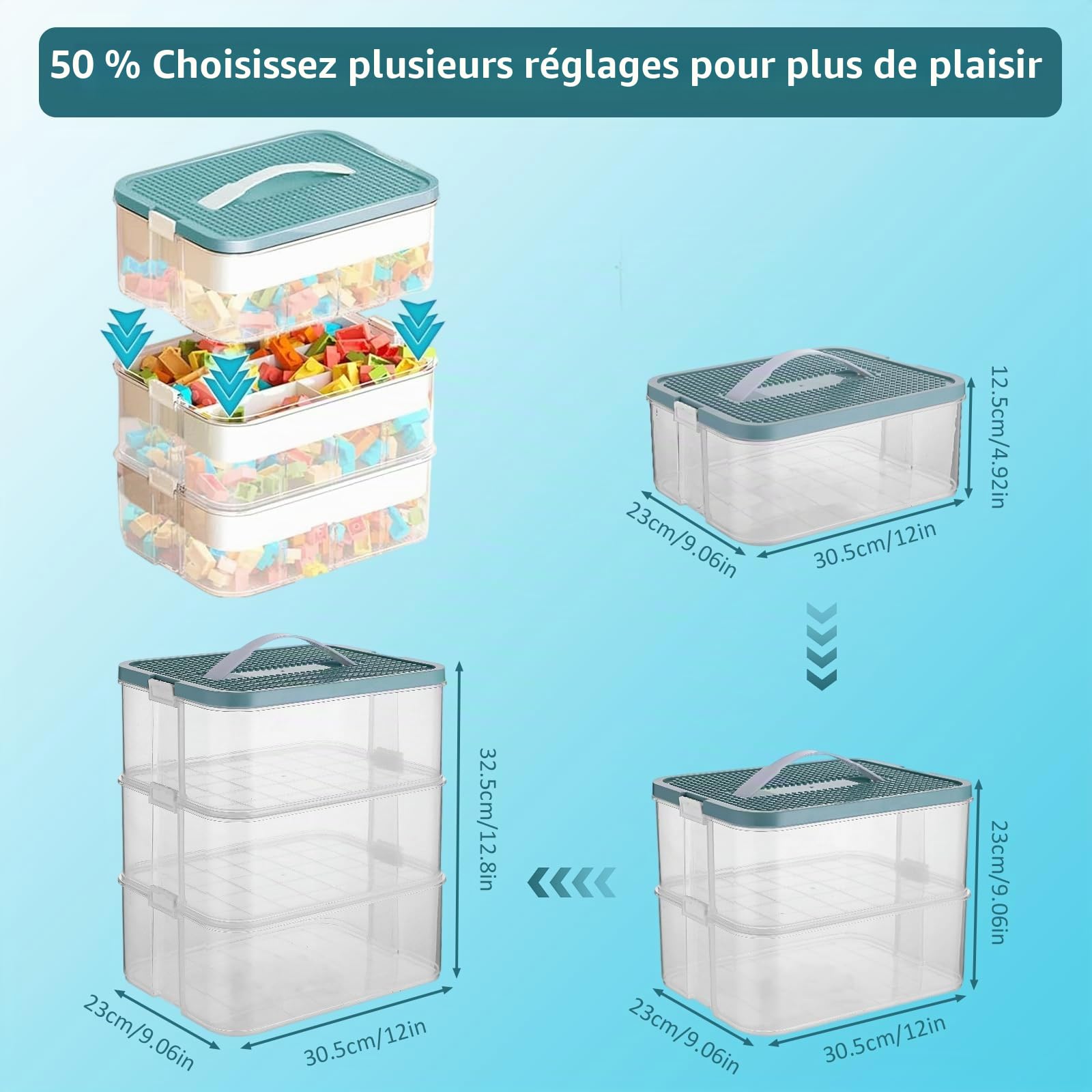 Boîte de rangement organisateur pour jouets Lego empilable, boîtier de rangement conteneur à jouets multi-compartiments pour tri de blocs de construction, mallette portable pour blocs