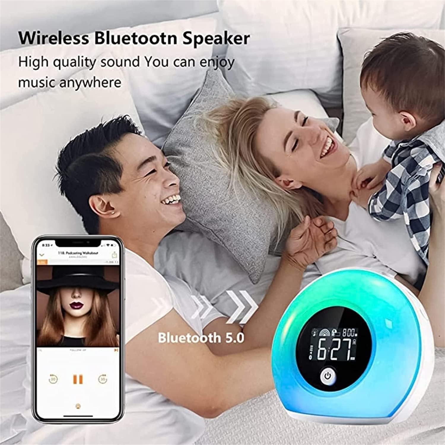 Sveglia con luce, lampada da tavolo con luce notturna con altoparlante Bluetooth/piccolo stereo, luce ambientale a LED in plastica for feste, camera da letto, campeggio, dormienti pesanti, lettore mus