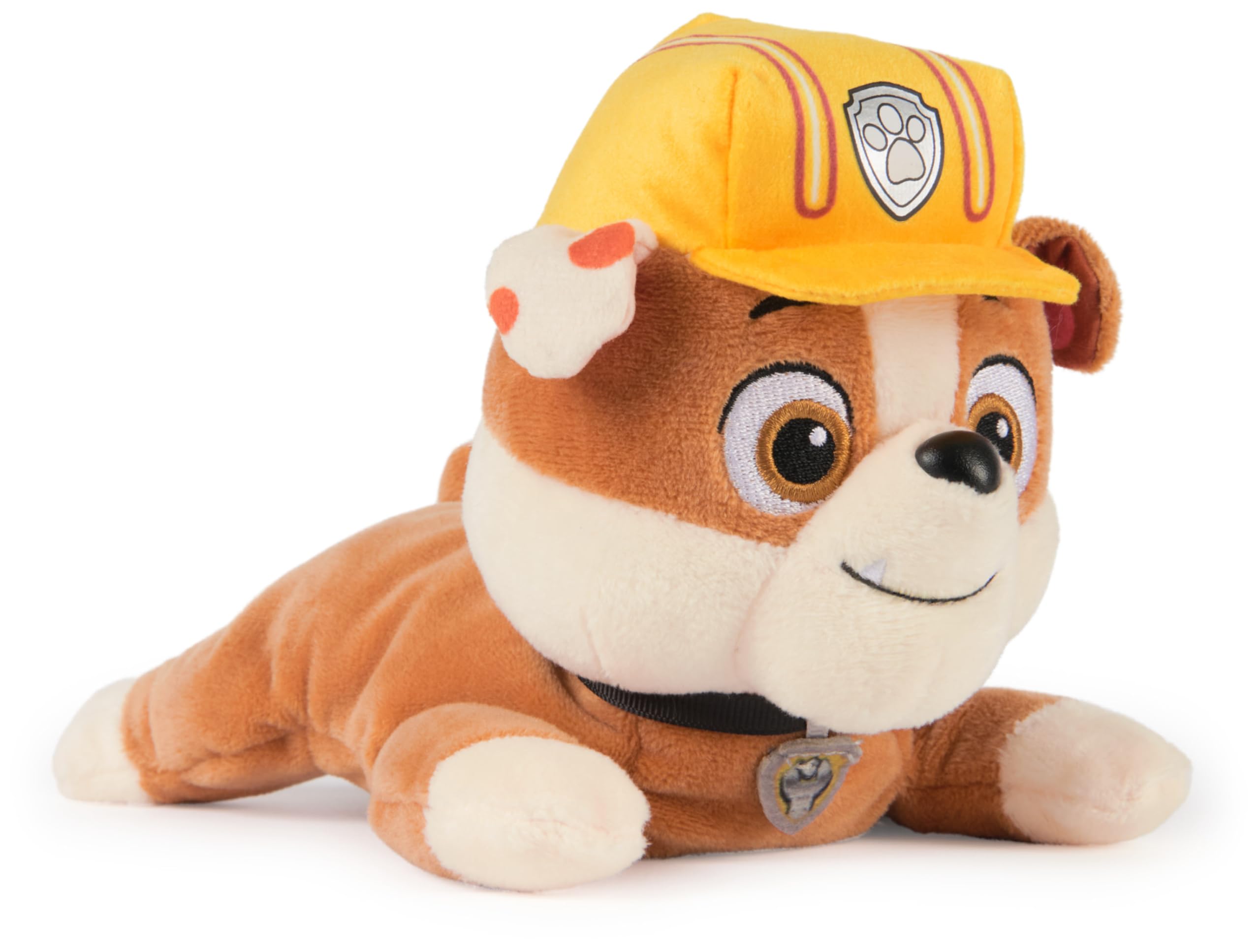 Paw Patrol GUND Rubble Plush, Official Lounging Rubble Plush Toy, Weighted Stuffed Animal, Sensory Toy for Ages 1 and Up, 8”
