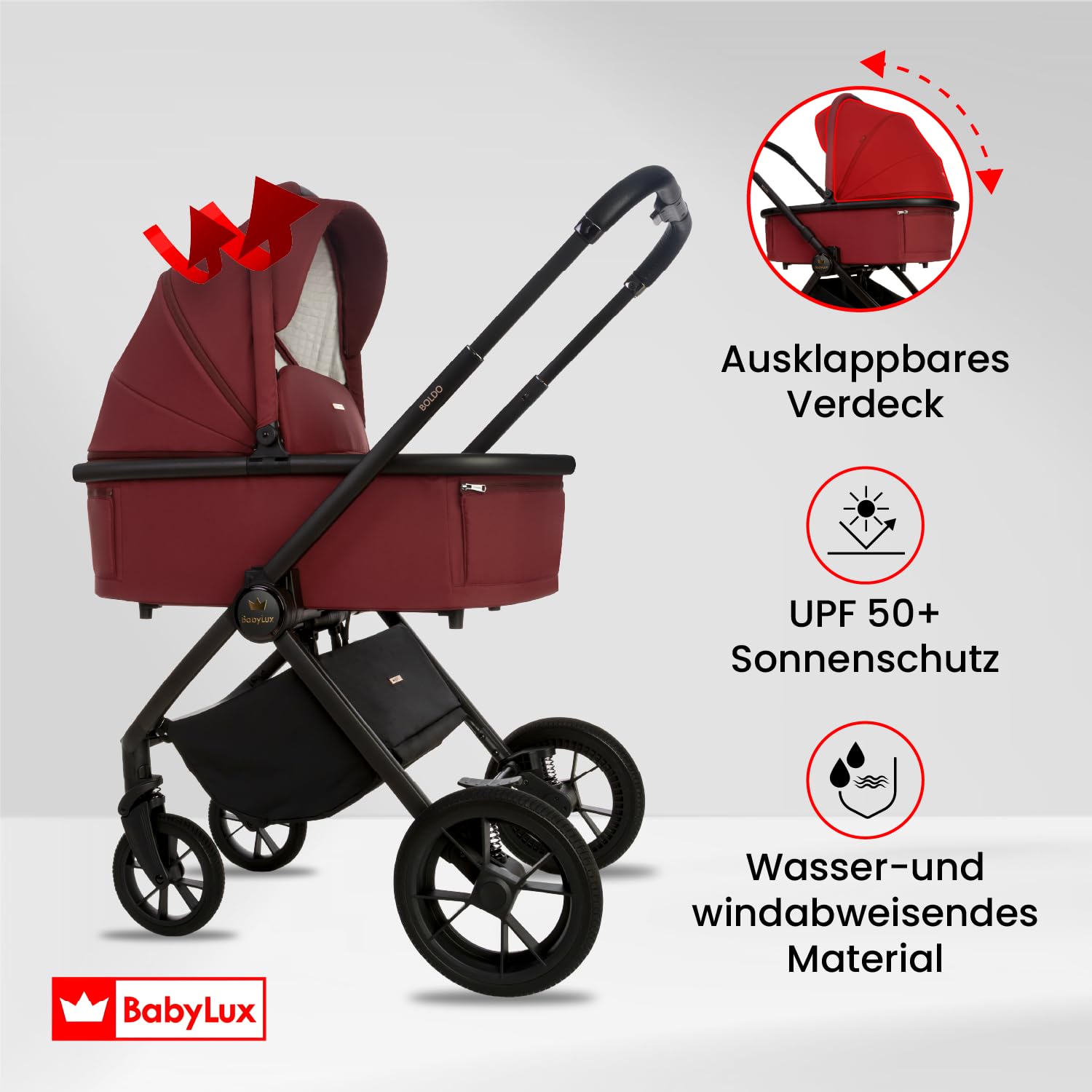 BabyLux® Kinderwagen 4in1 Set BOLDO, Faltbar Leicht Kombikinderwagen Set | incl. Babywanne, Reisebuggy, Kindersitz i-Size, Auto Basisstation, 4 Liegepositionen, 0-22kg, UV Schutz 50+, Vollgummireifen
