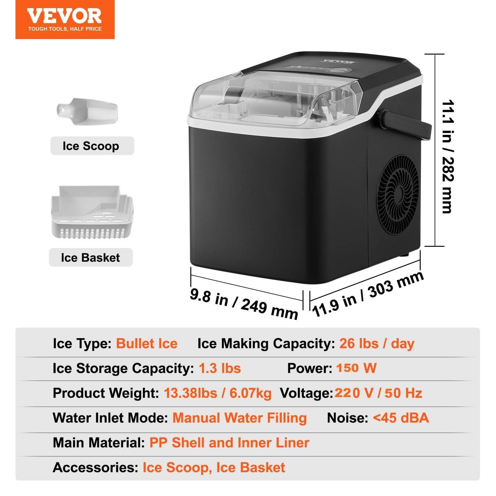 VEVOR Macchina per Ghiaccio da Banco Portatile Compressore 150W Ghiaccio a Forma di Pallottola Produttività 11,79kg/24H ca., Macchinetta di Ghiaccio Portatile Capienza 0,59kg, Macchina per Ghiaccio