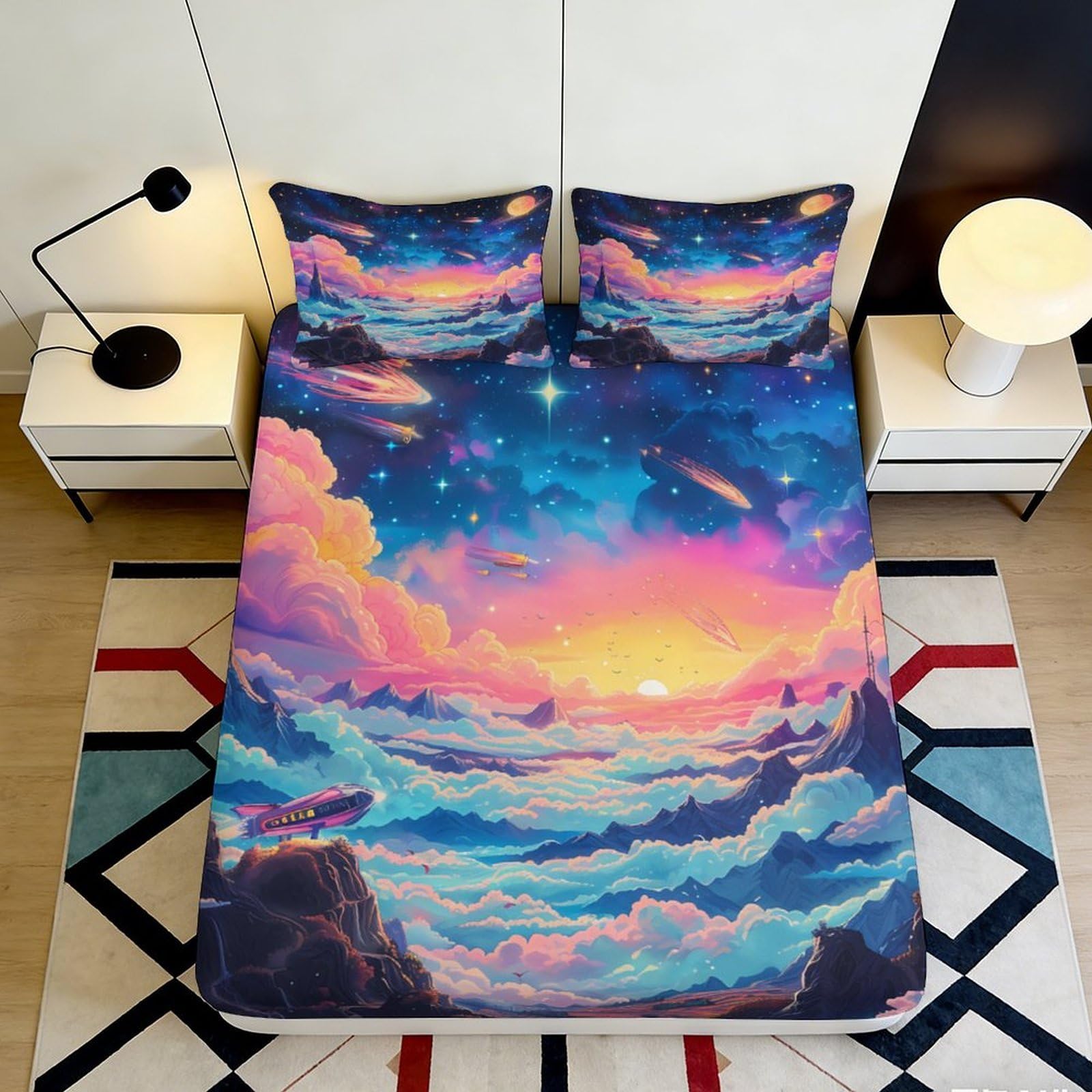 3D Printed Sunset Galaxy Fitted Sheet Microfiber Soft Pastel Cosmic Nebula Mattress Cover for Bedroom Dorm Home Decor 90x200x25cm