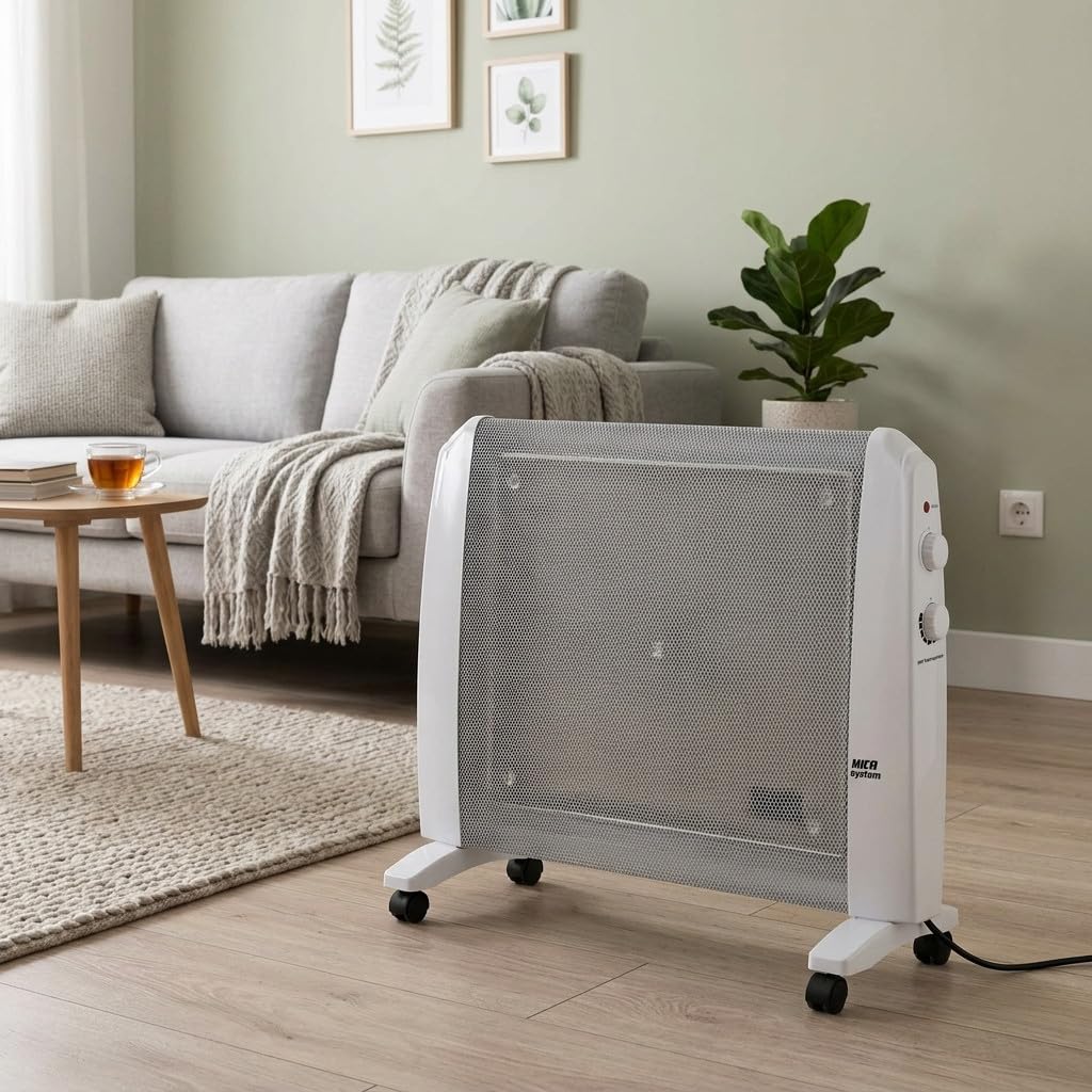 Suinga Radiador de Mica 1500 W | Estufa Eléctrica con Termostato Regulable | 2 Niveles de Calor 750-1500 W | Seguridad Antivuelco y Sobrecalentamiento | Con Ruedas