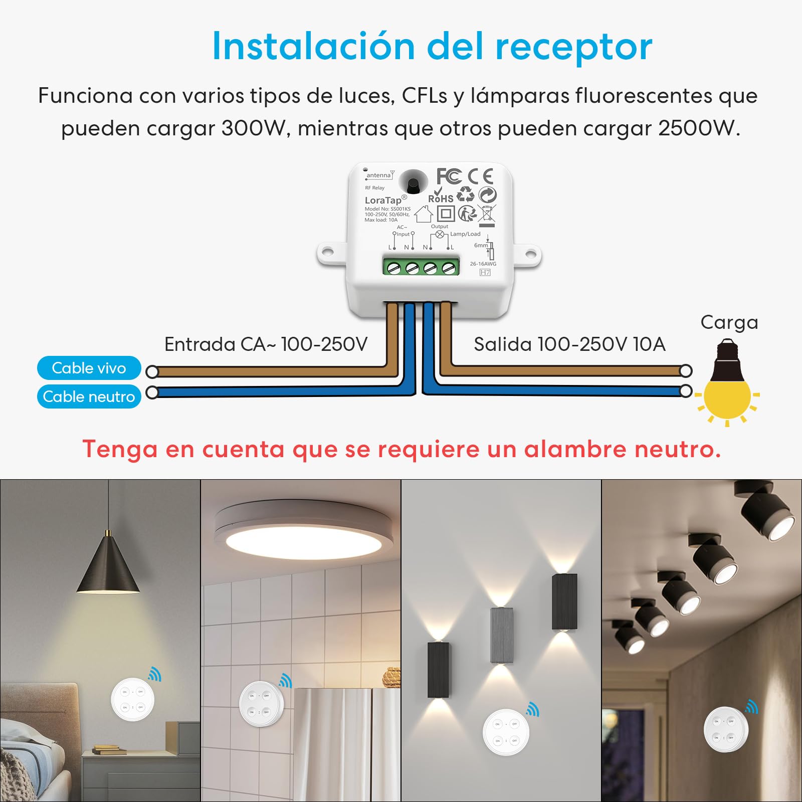 Kit de Interruptor de Luces Inalámbricas, LoraTap Interruptor Inalámbrico + 2 Piezas Receptor de Relevo Control Remoto de Radio Hasta 200m Mando a Distancia para Casa Iluminación y Electrodomésticos
