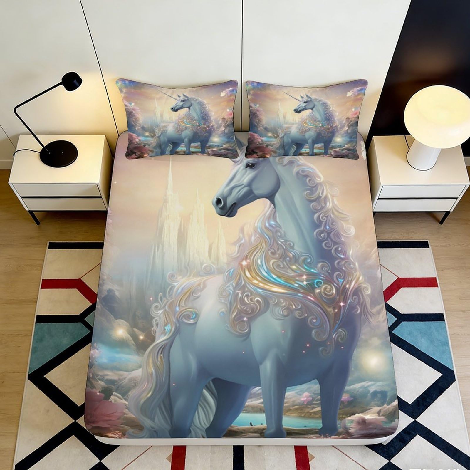 Pnayamiorkfel Style-9 3D Printed Fantasy Unicorn Fitted Sheet Microfiber Soft Blue Castle Bed Cover For Bedroom Guestroom Mattress Decor 90X200x25cm