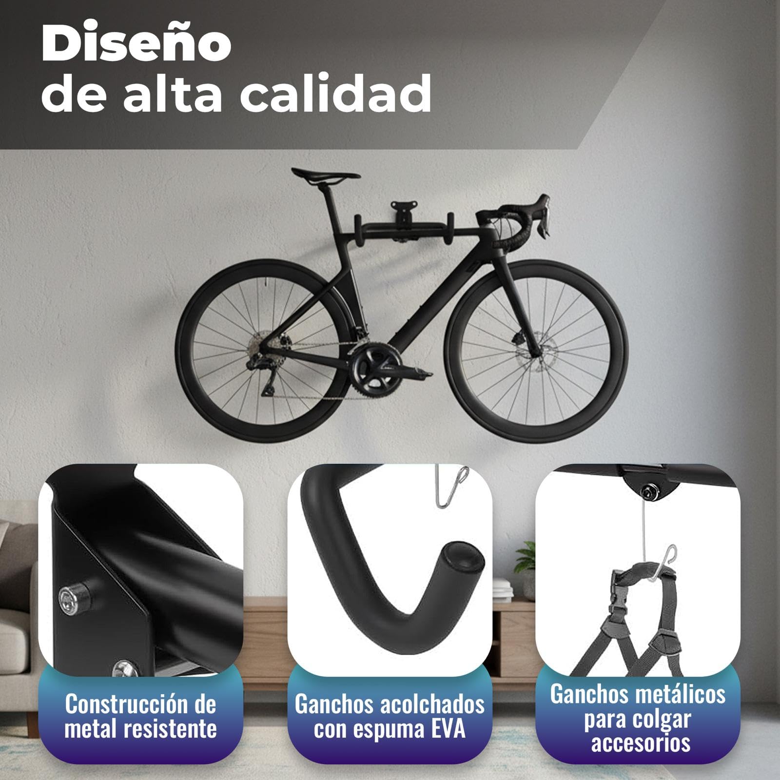 Soporte Pared Bicicleta De Forma Horizontal, Incluye Plantilla e Instruciones De Montaje. Soporte pared bicicleta Ajustable