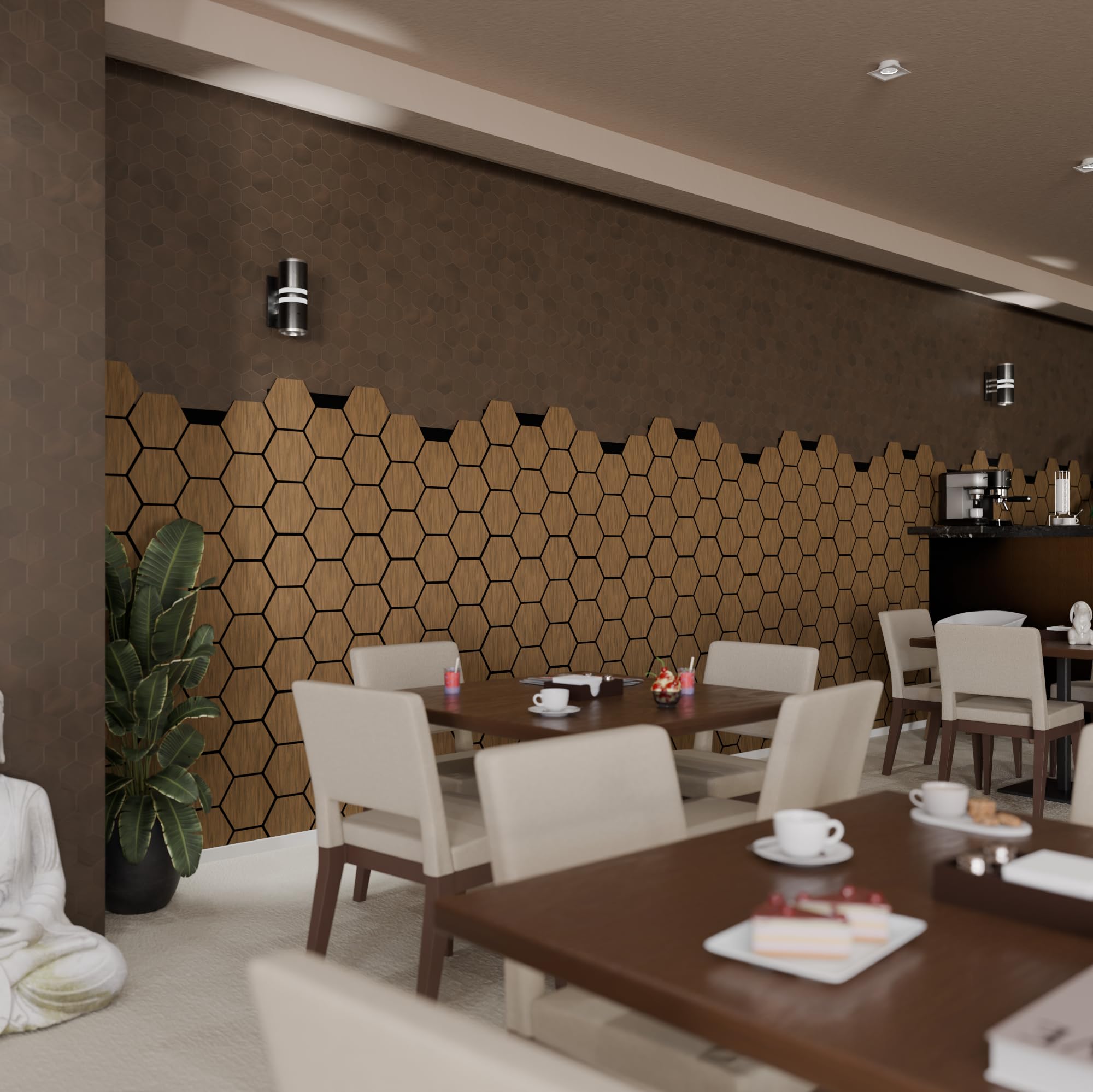 Akustiko Hexagon 3D paneles acústicos pared, 3 uds., 567 x 693 mm, fieltro MDF, chapa efecto madera, para la decoración moderna de paredes decoración para estudio, (Black Oak)