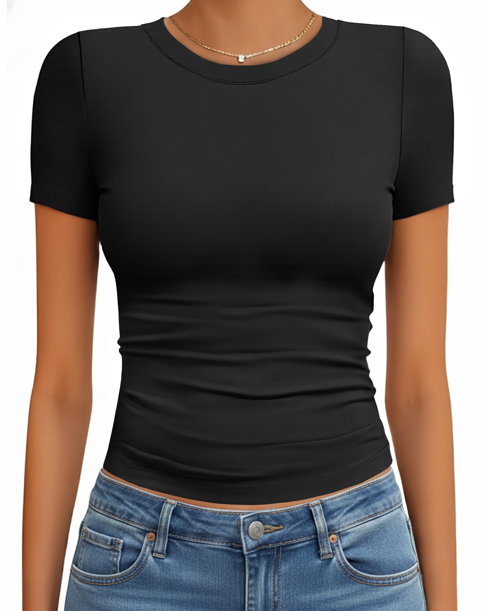 GAYHAY Womens Basic T Shirts Crew Neck Short Sleeve Slim Fitted Tees Y2K Cute Trendy Summer Crop Tops for Women Teen 2025 1-black Small