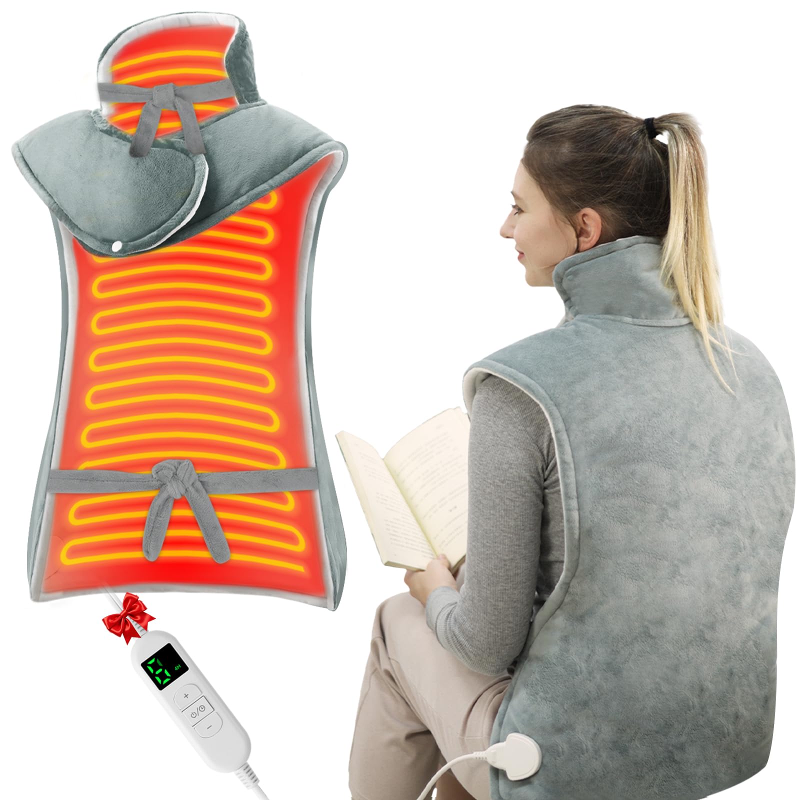 ITSHINY Termoforo Elettrico per Schiena, Termoforo Cervicale e Spalle con 6 Livelli di Riscaldamento, Timer di Spegnimento Automatico, Tensione Muscolare, Lavabile in Lavatrice, 60x108 cm