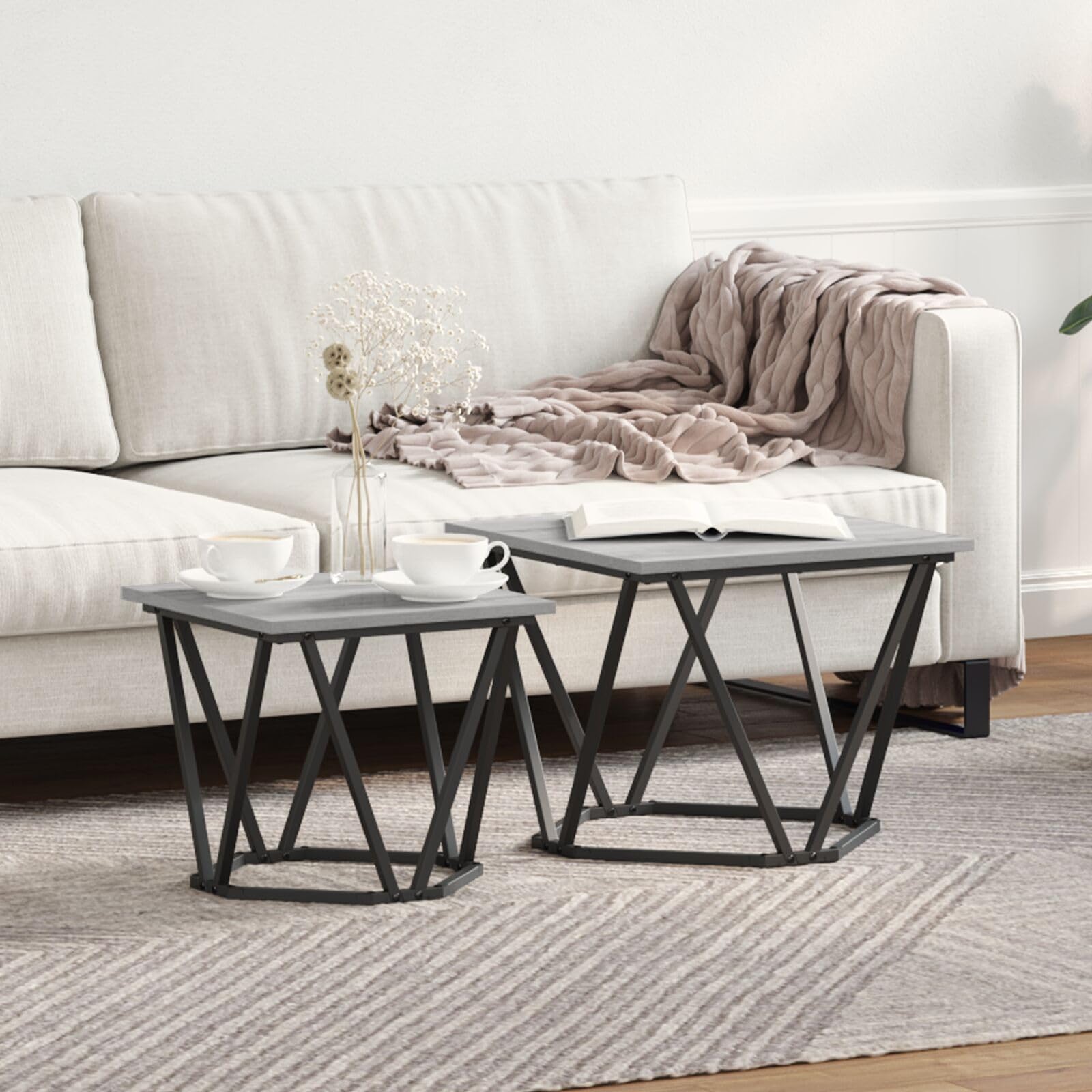 SXZenSpace 868270 2 Piece Side Table Set Grey Sonoma Engineered Wood - Modern Nightstand End for Home Bedroom Living Room Easy Assembly Hallway Coffee