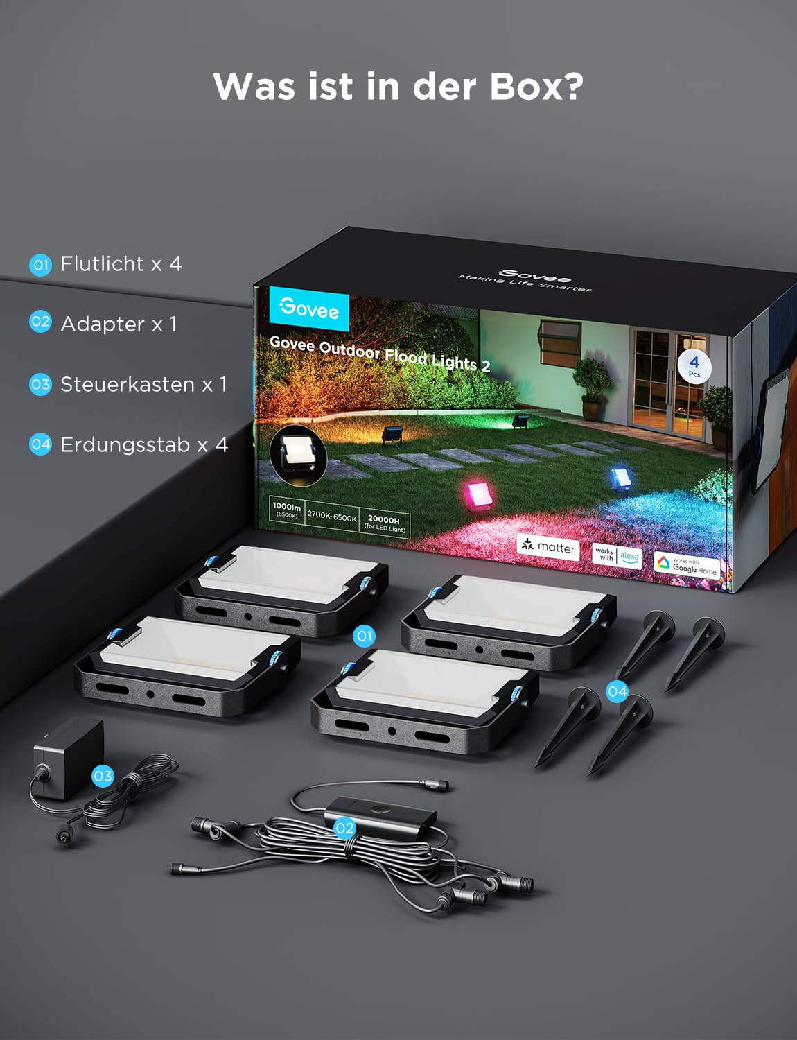 Govee Outdoor LED Strahler 48W RGB Außen Kalt/Warmweißes Licht 4000LM Kompatibel mit Alexa Matter IP66 Wasserdicht Flutlicht 4pcs