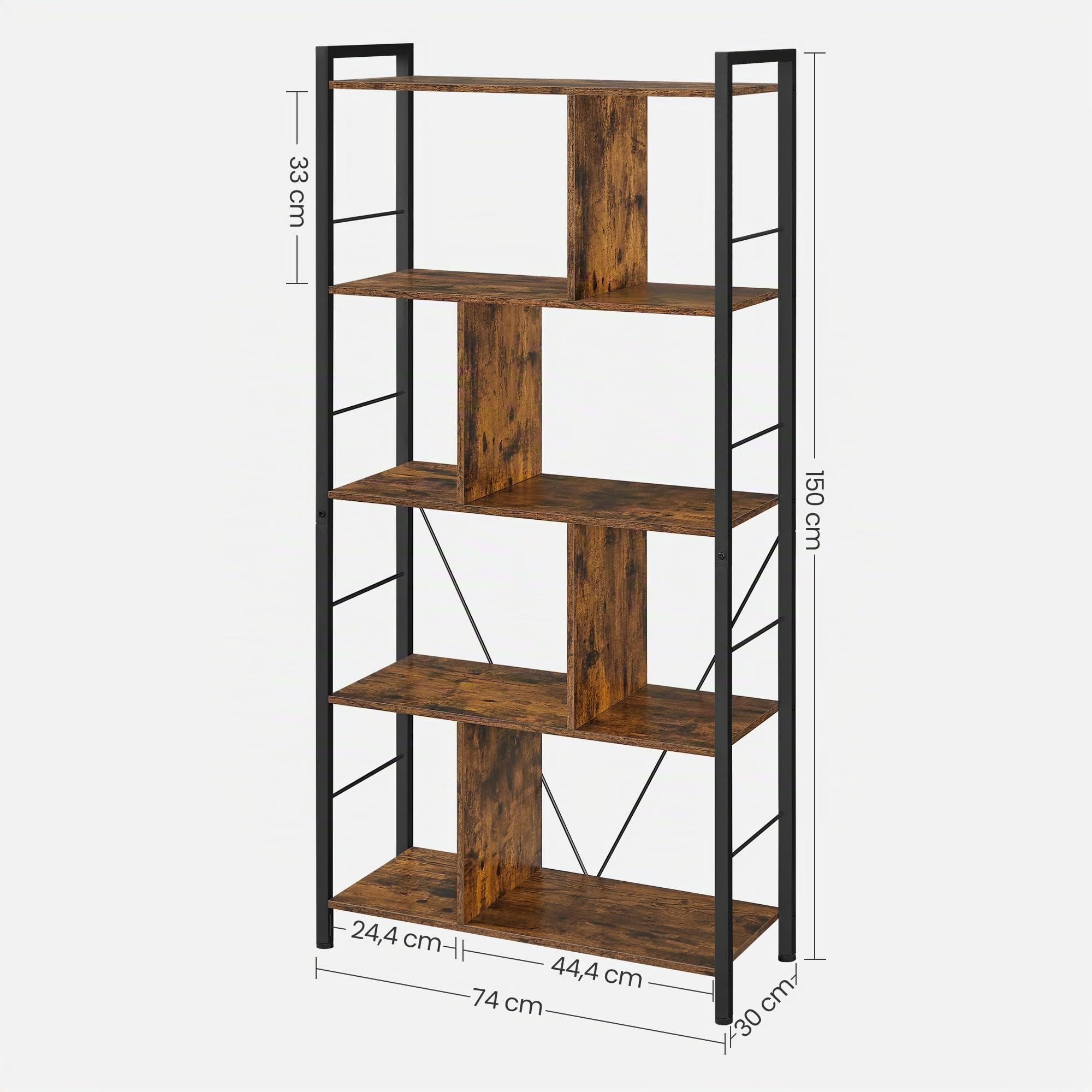 VASAGLE Bibliothèque, étagère de Salon à 5 étages, étagère de Rangement Industrielle avec Compartiments Ouverts pour Bureau à Domicile, Chambre à Coucher, Style Industriel, Marron Rustique et Noir