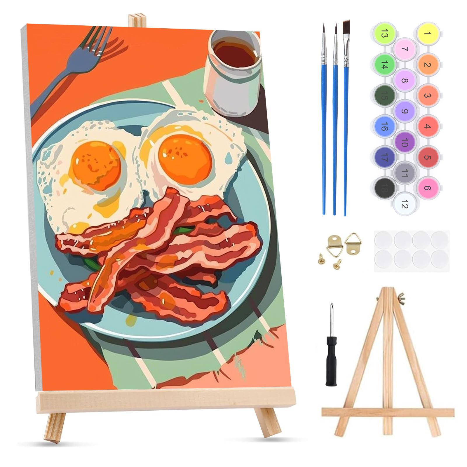 QENSPE Paint by Numbers for Adults on Framed Canvas - with Wooden Easel, Breakfast Painting by Number Kit for Beginners, DIY Food Acrylic Oil Painting for Home Wall Decor 8x12 Inch