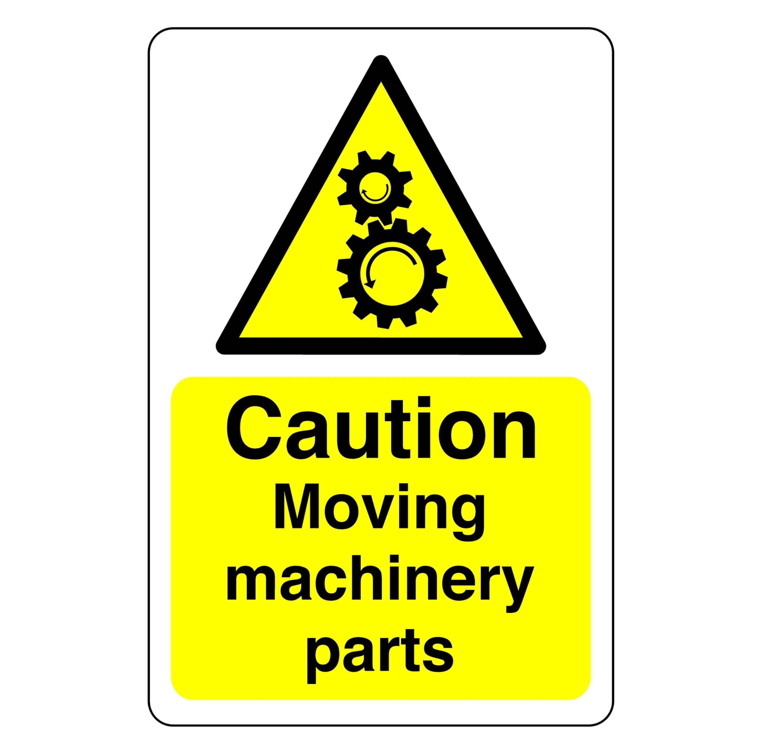Safety First Display Ltd Yellow/Black Caution Moving Machinery Sign - High Tack Self-Adhesive Sticker (200Mm X 150Mm) Viewing Distance Within 5M.