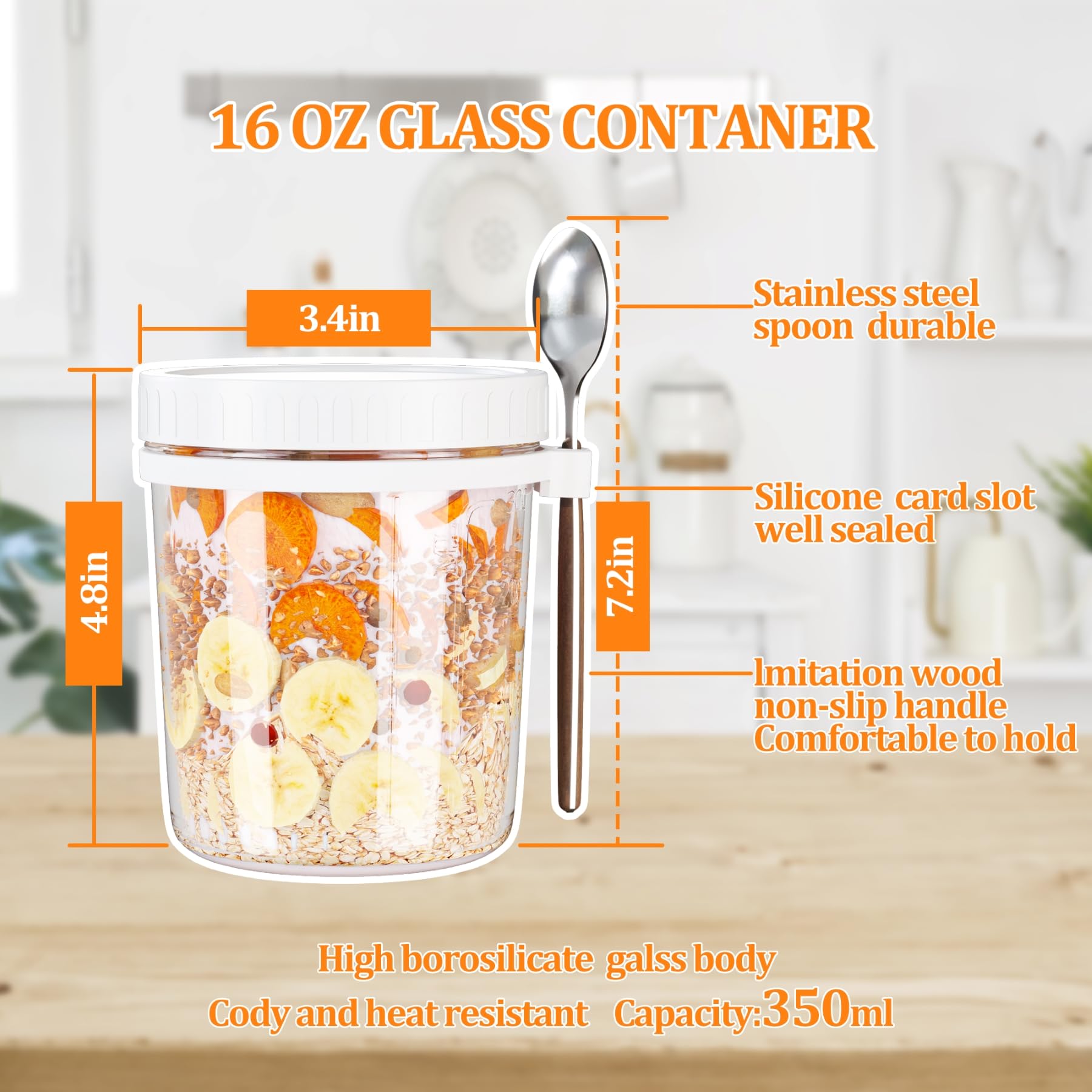 DAILOU Overnight Oats Containers with Lids and Spoons(4-Piece set),16 Oz Glass Mason Overnight Oats Jars,Portable Airtight Oats Container with Measurement Marks,Milk,Vegetable and Fruit Salad Storage Containers.