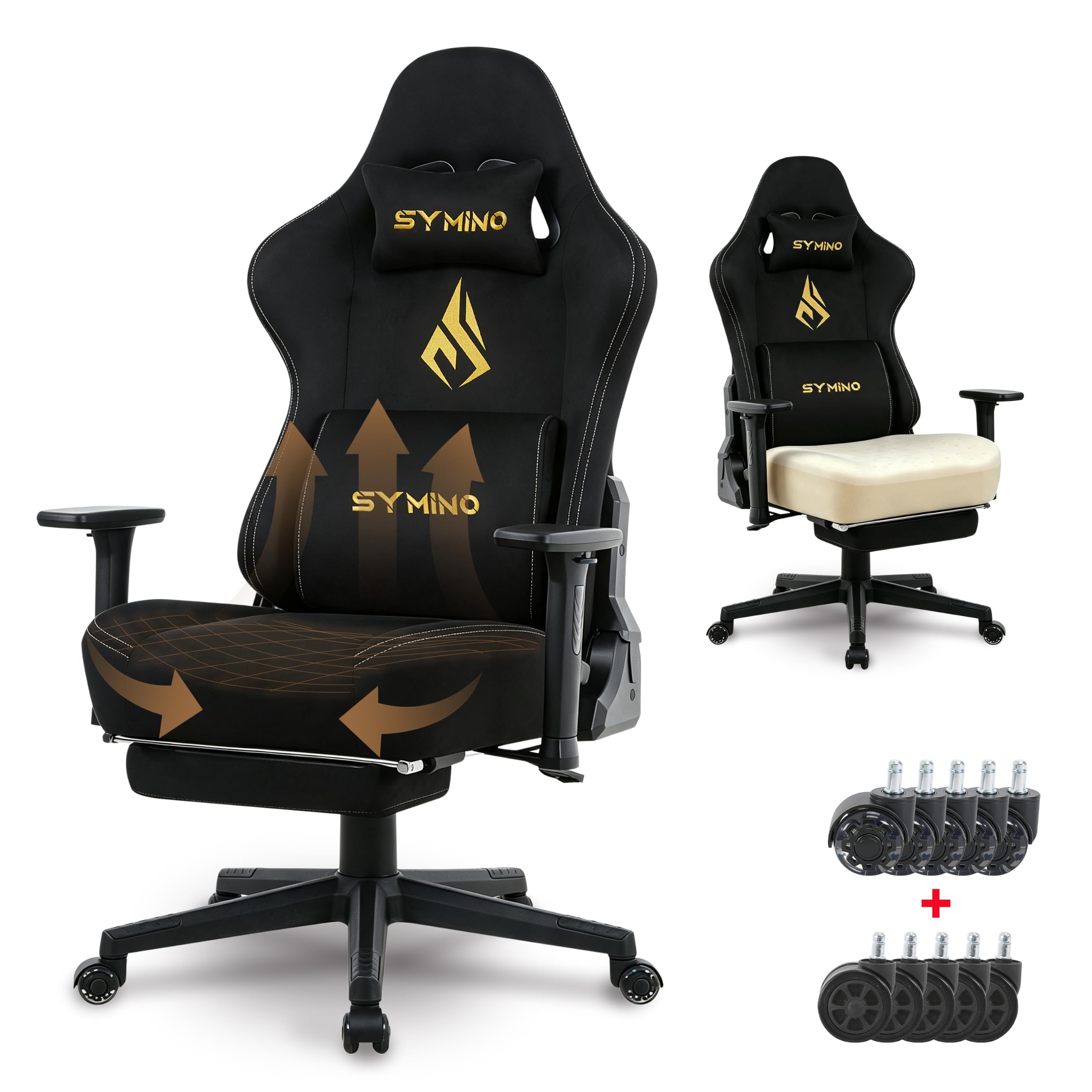 Symino Chaise Gamer XL, Siège Large Mousse+Latex, Support Lombaire & Tête, Inclinaison 175°, 300kg, Roues Silencieuses Incluses (Faux Daim, Noir)