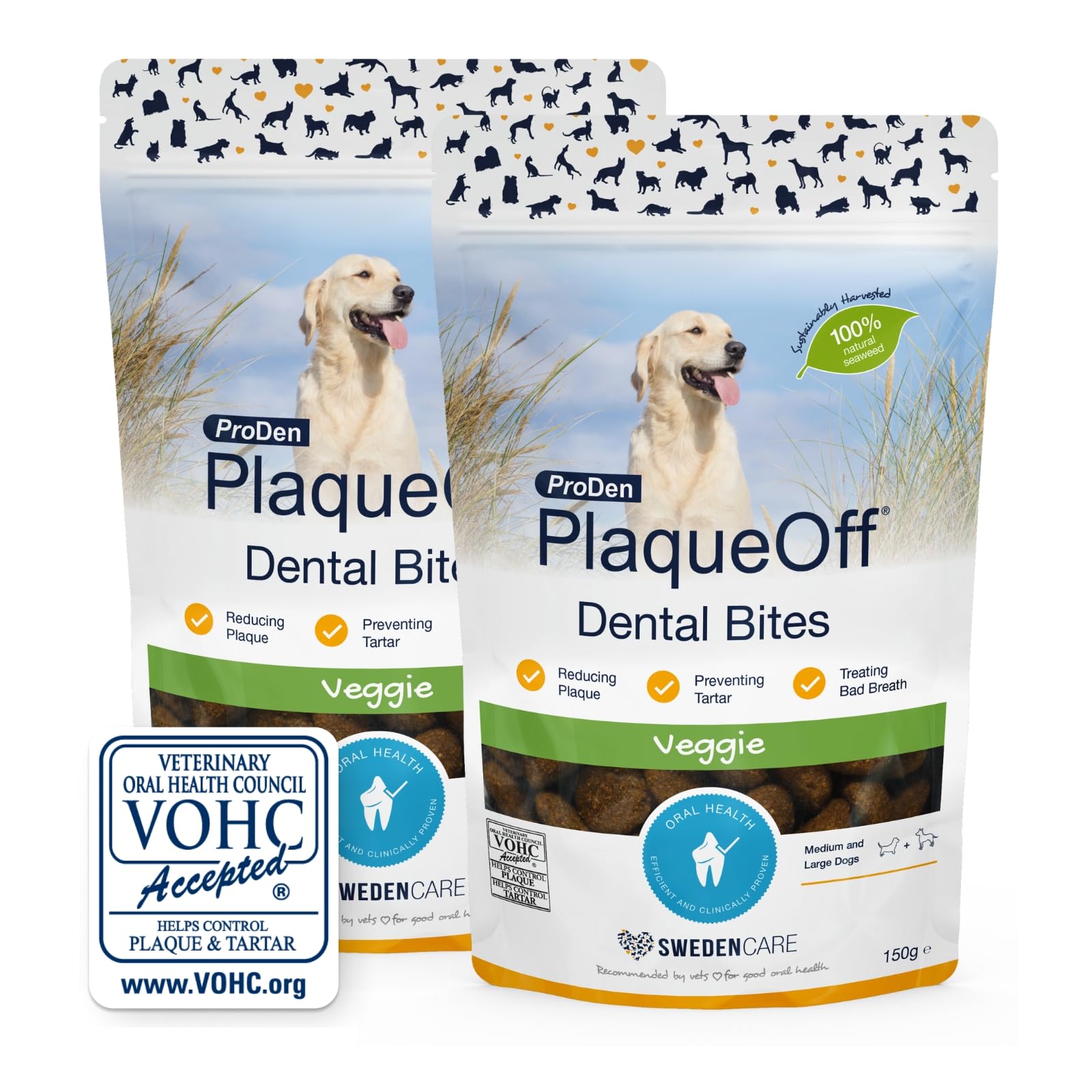 ProDen PlaqueOff Powder for Dogs & Cats, Tartar & Bad Breath Remover with 100% Natural Teeth Plaque Remover (Large Dog Bites - Bundle)