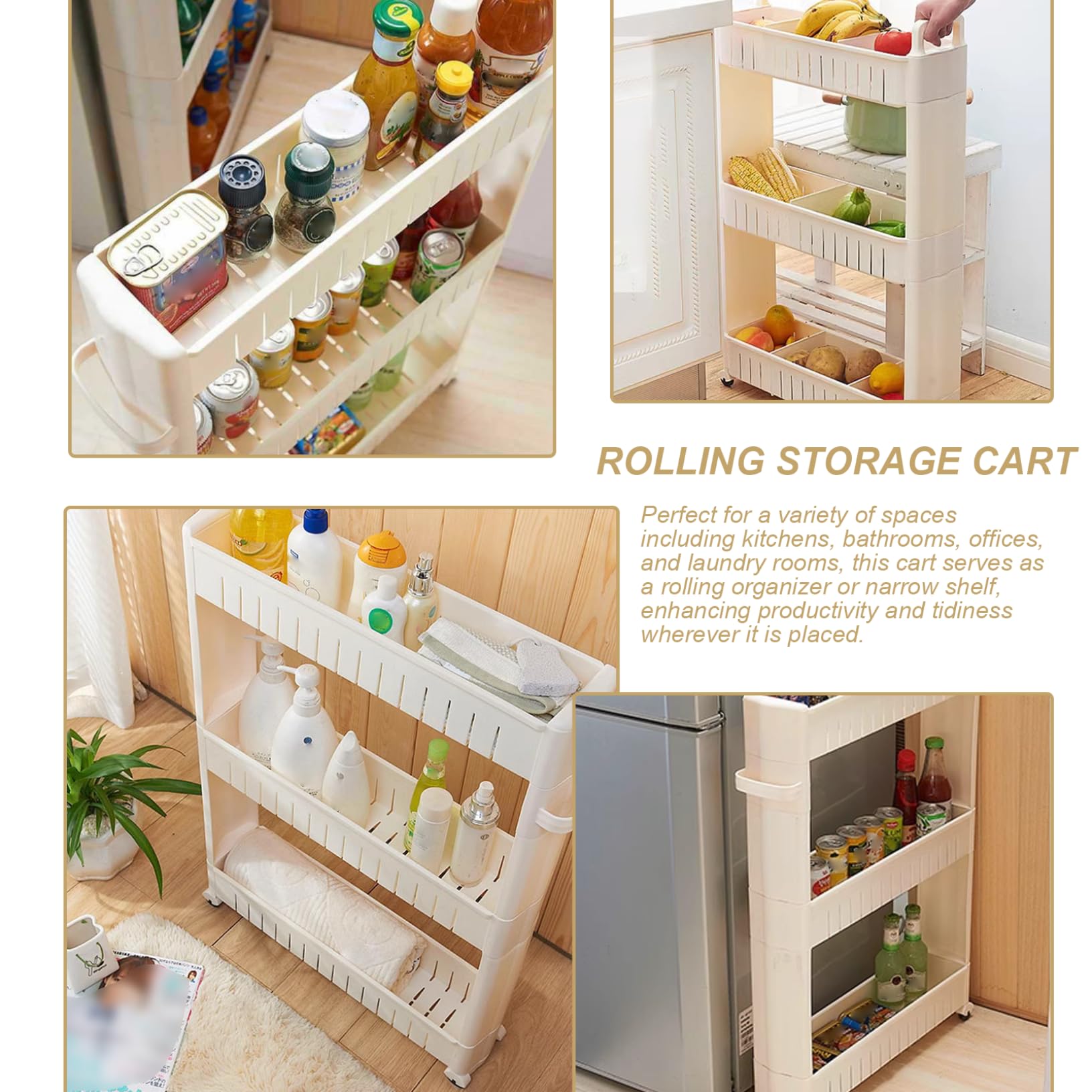 Carrito utilitario delgado de 3 niveles con ruedas, carrito de almacenamiento estrecho con ganchos y divisiones, estantes de plástico para cocina, baño, oficina, lavandería, 29 x 18 x 4 pulgadas