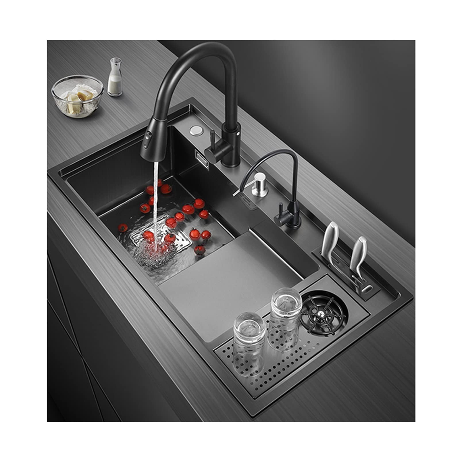 ZQFHSX Kitchen Sink, 304 Stainless Steel Bar Single Bowl Stepped with Cup Washer/Pull-Out Faucet Sinks, Drop-in Or Undermount Installation