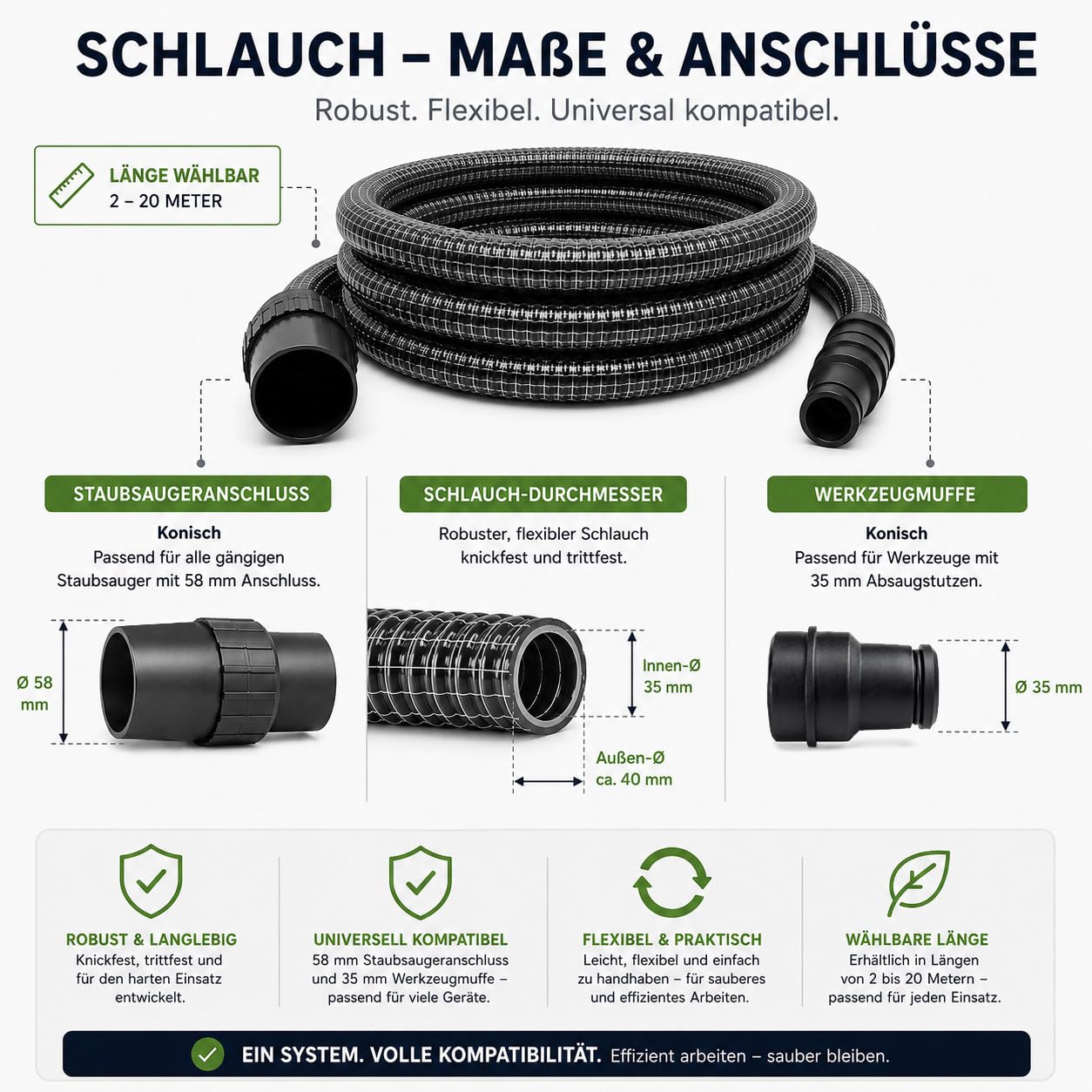 Premium Gewebeschlauch 4m für Industriesauger - Universeller 58mm Anschluss - Knickfest & robust