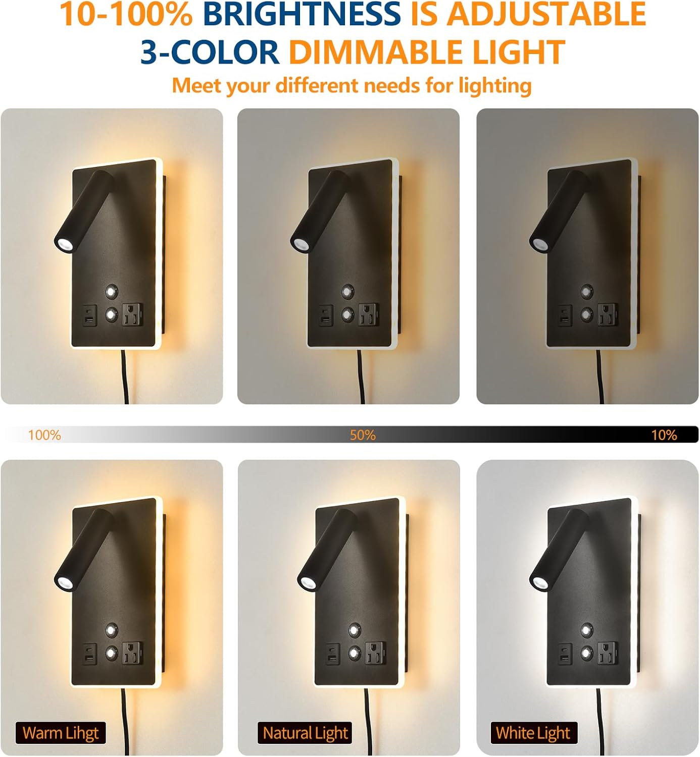 Dimmable Plug in Wall Sconce with Touch Switch,Headboard Bedside Wall Lamp,Multifunction Wall Light with USB C+A Ports,Adjustable Wall Mounted Reading Light,3 Color Temperature(Black)