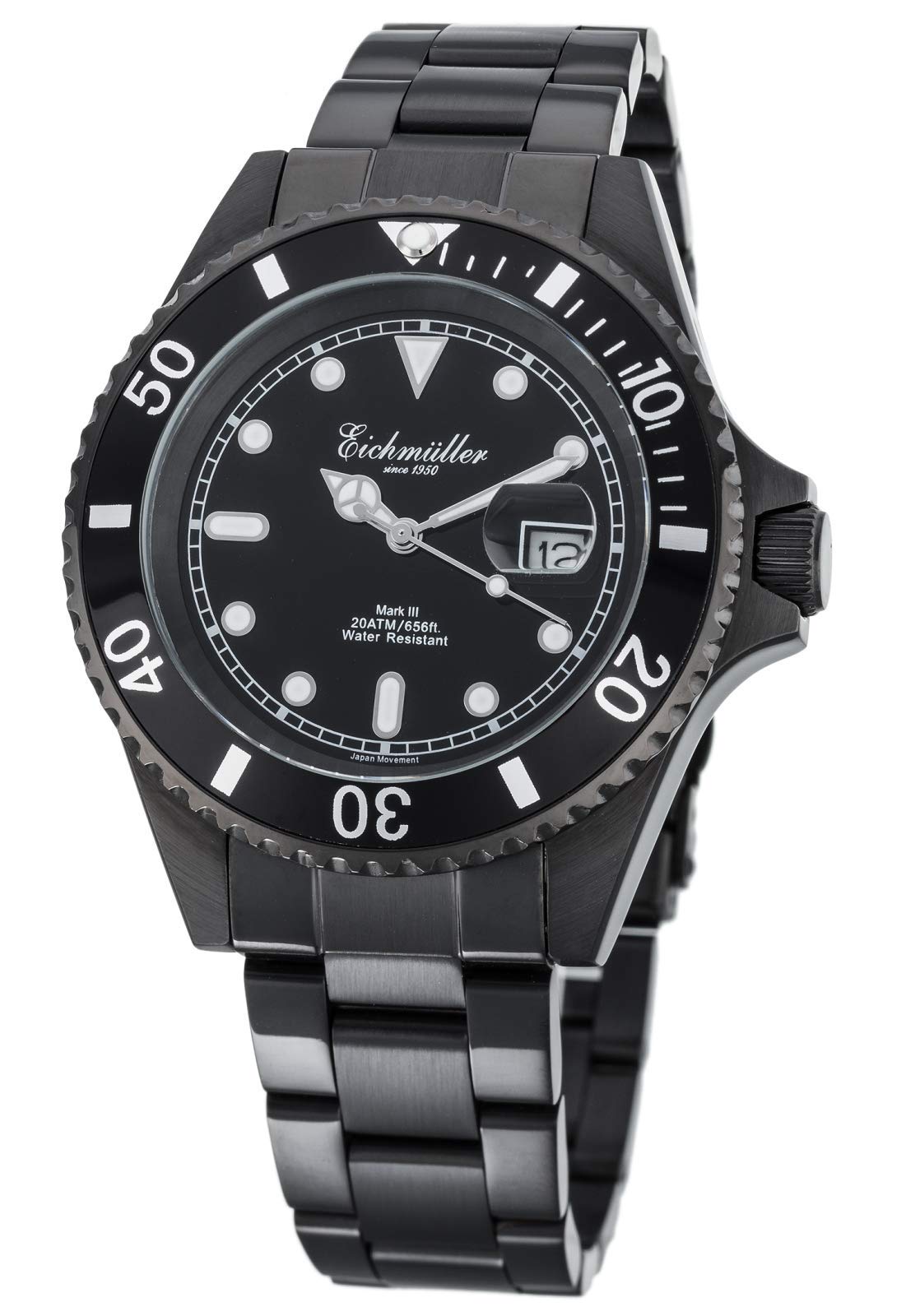 Eichmüller Taucheruhr Herrenuhr, Schwarz, Edelstahlband, 43 mm, 3460-02, Wasserdicht bis 20 ATM, sportlich und robust