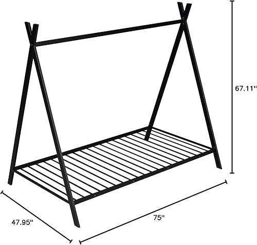 Miniatura 10 de Marco de cama de metal de tamaño individual, cama de metal con diseño de techo, camas de casa para niños pequeños, cama de piso individual, marco de