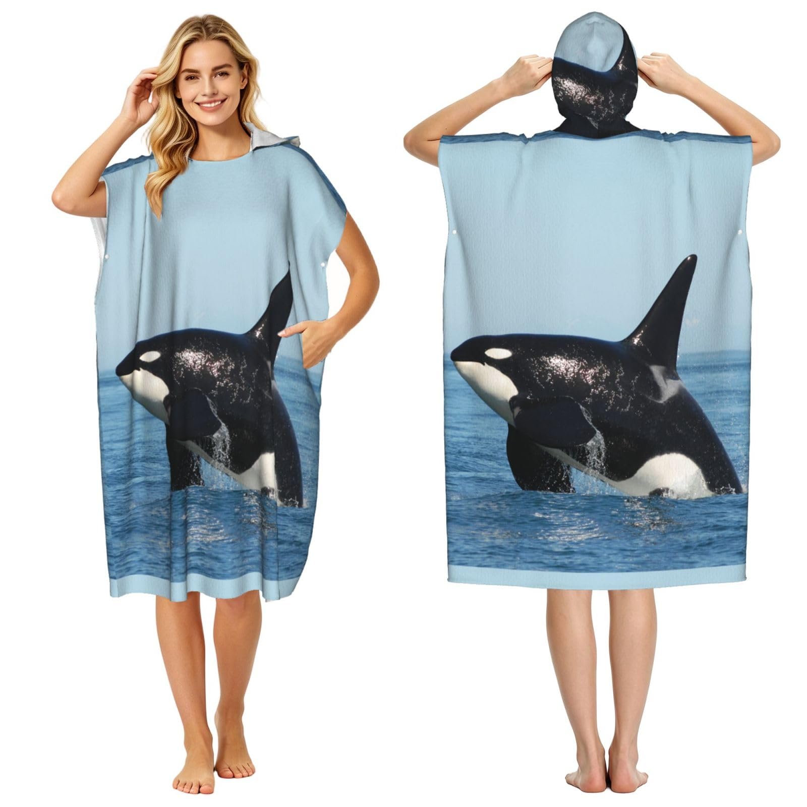 Poadnly Killer Whale Printed, Adult Hooded Beach Towel 90 x 110 cm,Changing Bath Robe, Surf Poncho Towel For Women Men