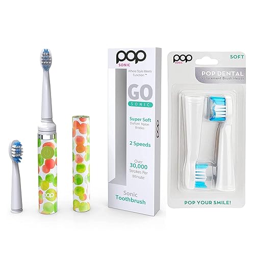 Cepillo de dientes eléctrico Pop Sonic (burbuja verde) Paquete de 2 cabezales de repuesto – Cepillos de dientes de viaje con batería AAA | Cepillos