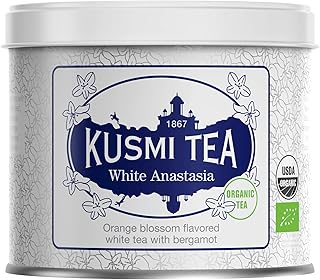 Kusmi Tea - White Anastasia - Organic White Tea Blend with Citrus, Bergamot & Lemon - 90g of All Natural Loose Leaf Green and White Tea Blend with No Additives in an Eco-Friendly Metal Tin