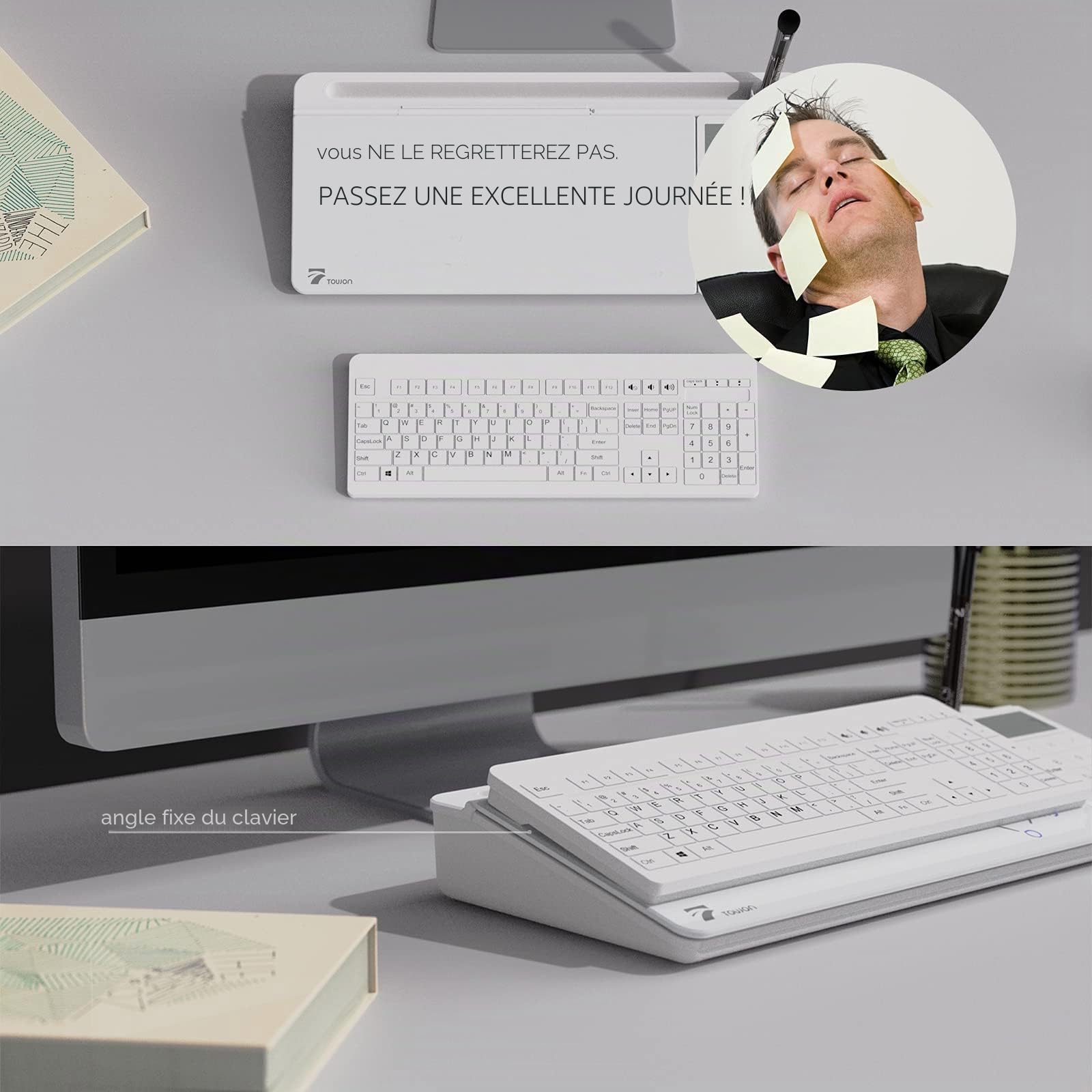 TOWON Tableau blanc de bureau en verre avec calculatrice de base, écran LCD à 12 chiffres, organiseurs de bureau avec accessoires pour bureau, maison, fournitures scolaires, rangement avec surface