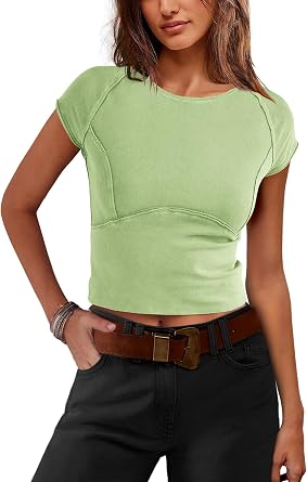 LAMISSCHE Womens Summer Crop Tops Short Sleeve Cropped T Shirts Slim Fit Going Out Tops Baisc Tee