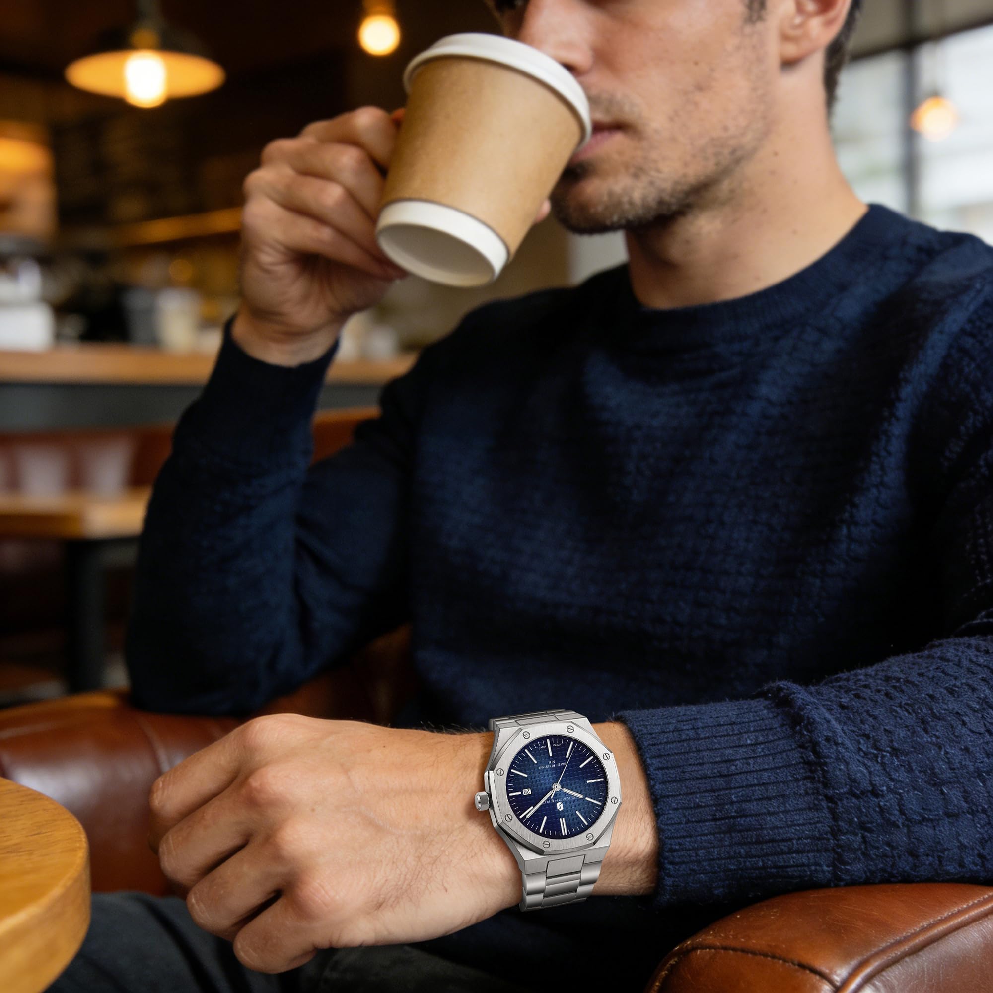 SAPPHERO Orologio Uomo Impermeabile 50M Al Quarzo Argento Cinturino Acciaio Inox Data Calendario Nero Blu Uomini Orologi Regali da Polso per gli Uomini