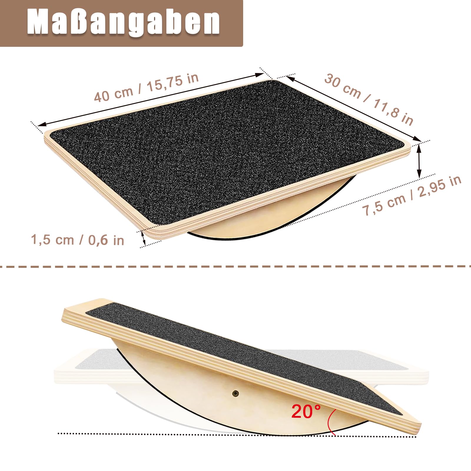 Balance Board in legno, tavola per l'equilibrio, 40 x 30 cm, tavola d'equilibrio in legno, per l'allenamento delle caviglie