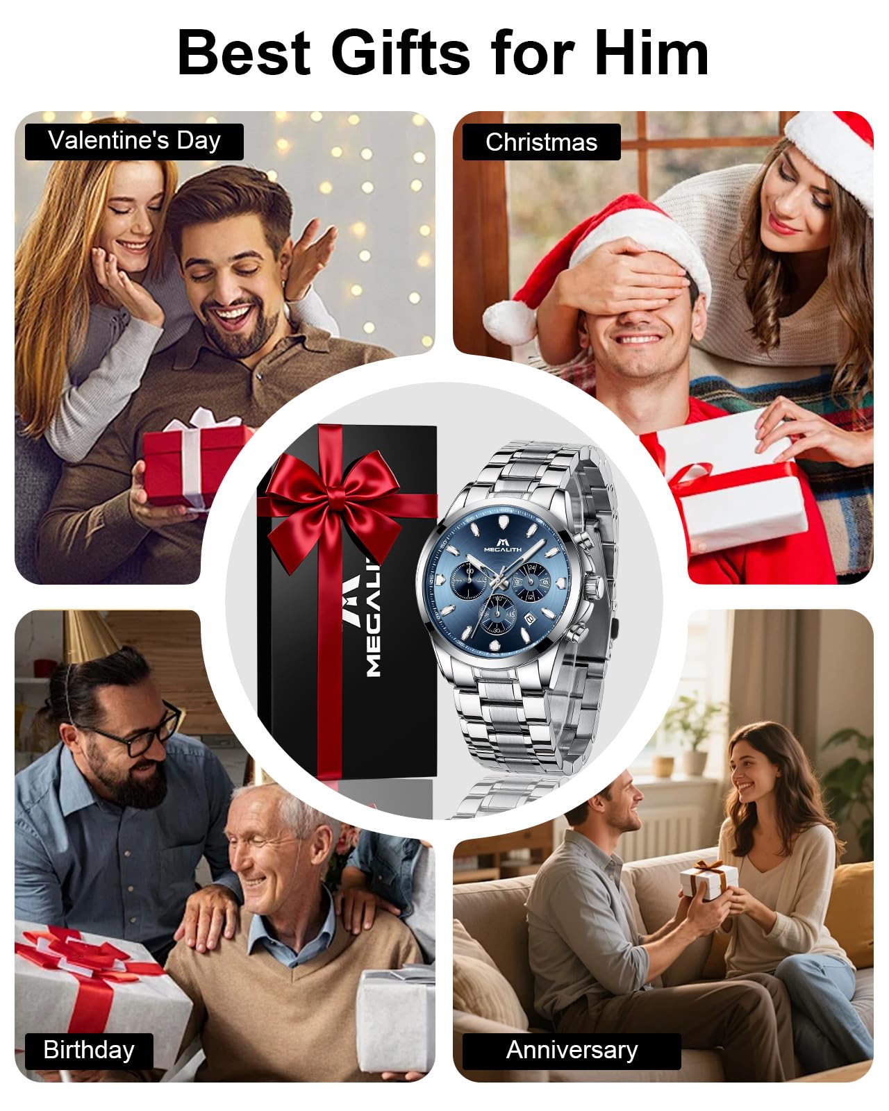 MEGALITH Herren Uhr Edelstahl Armbanduhr: Chronograph Analog Wasserdicht Herrenuhr mit Leuchtend Datum - Elegantes Geschenk für Business Männer