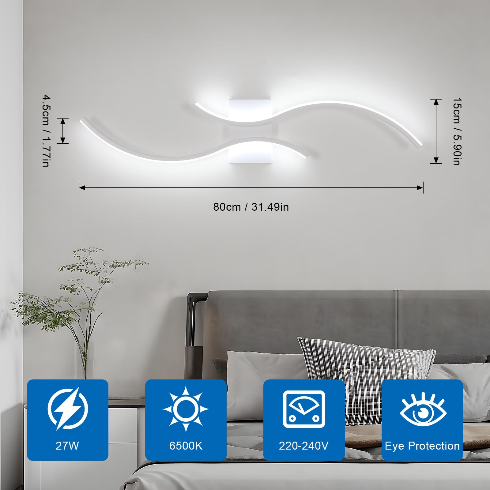 Comely Applique da Parete Interno LED, 27 W 3000 LM Moderno Lampada da Parete LED, Bianco Linea Lampade a Muro per Camera da Letto, Soggiorno, Corridoio, Bianco Freddo 6500 K