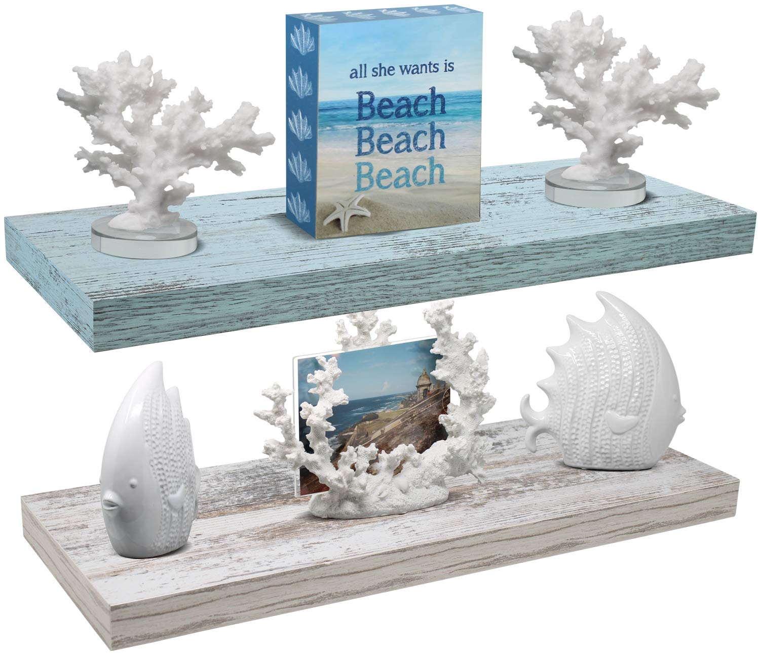 Sorbus Floating Shelf — Hanging Wall Shelves Decoration — Perfect Trophy Display, Photo Frames — Extra Long 24 Inch (Rectangle Shelf Set - Blue White)