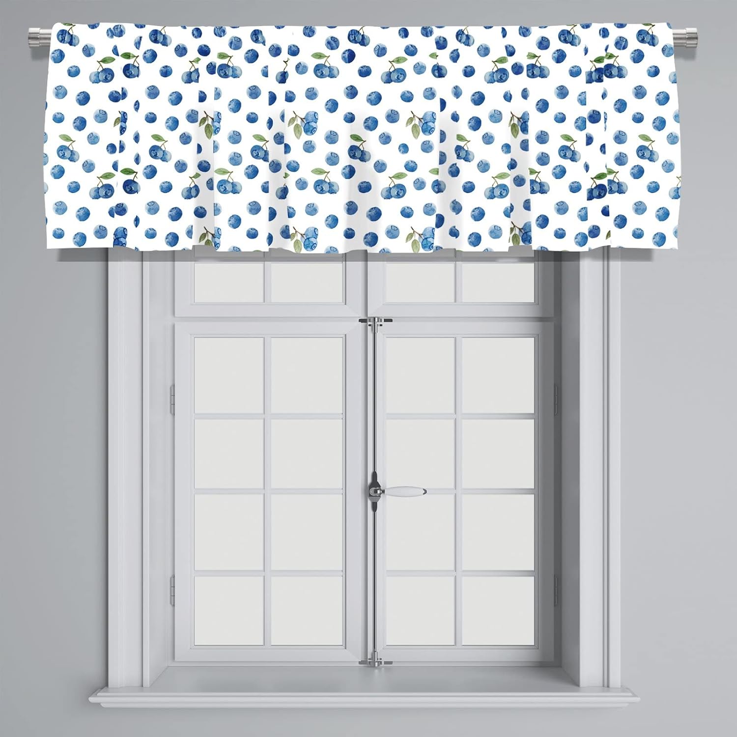 Healbrighting Blackout Watercolor Blueberries Fruit Rod Pocket Short Window Curtain Valance for Kitchen Bedroom Decor, 52" x 18", Blue and White, 2 Panels