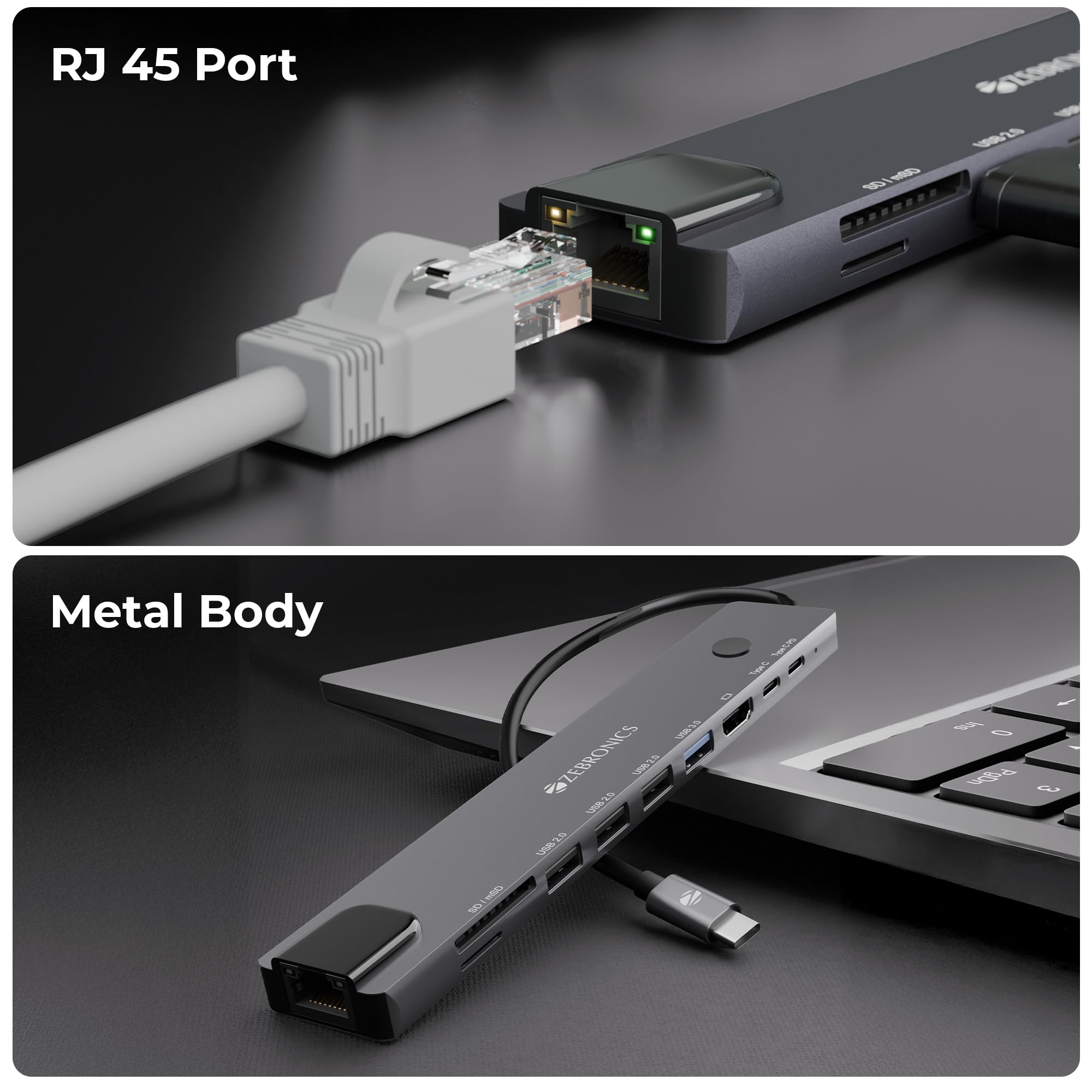 Zebronics 10-in-1 Type-C Multiport Hub, 100W PD Support, 5Gbps Data Transfer, HDMI 1.4 (4K@30Hz) with On/Off Button, USB 3.0, RJ45, SD, mSD, Metal Body, LED Indicator (CT101 Plus) — Amazon image 7