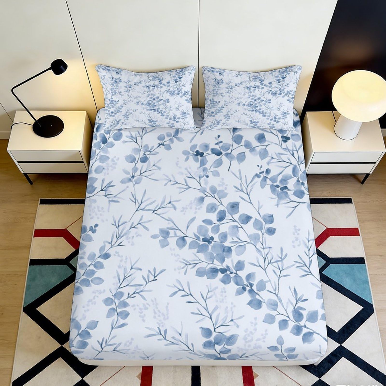 3D Printed Blue Watercolor Branch Fitted Sheet Microfiber Soft Breathable Floral Leaves Mattress Cover for Bedroom Dorm 90x200x25cm