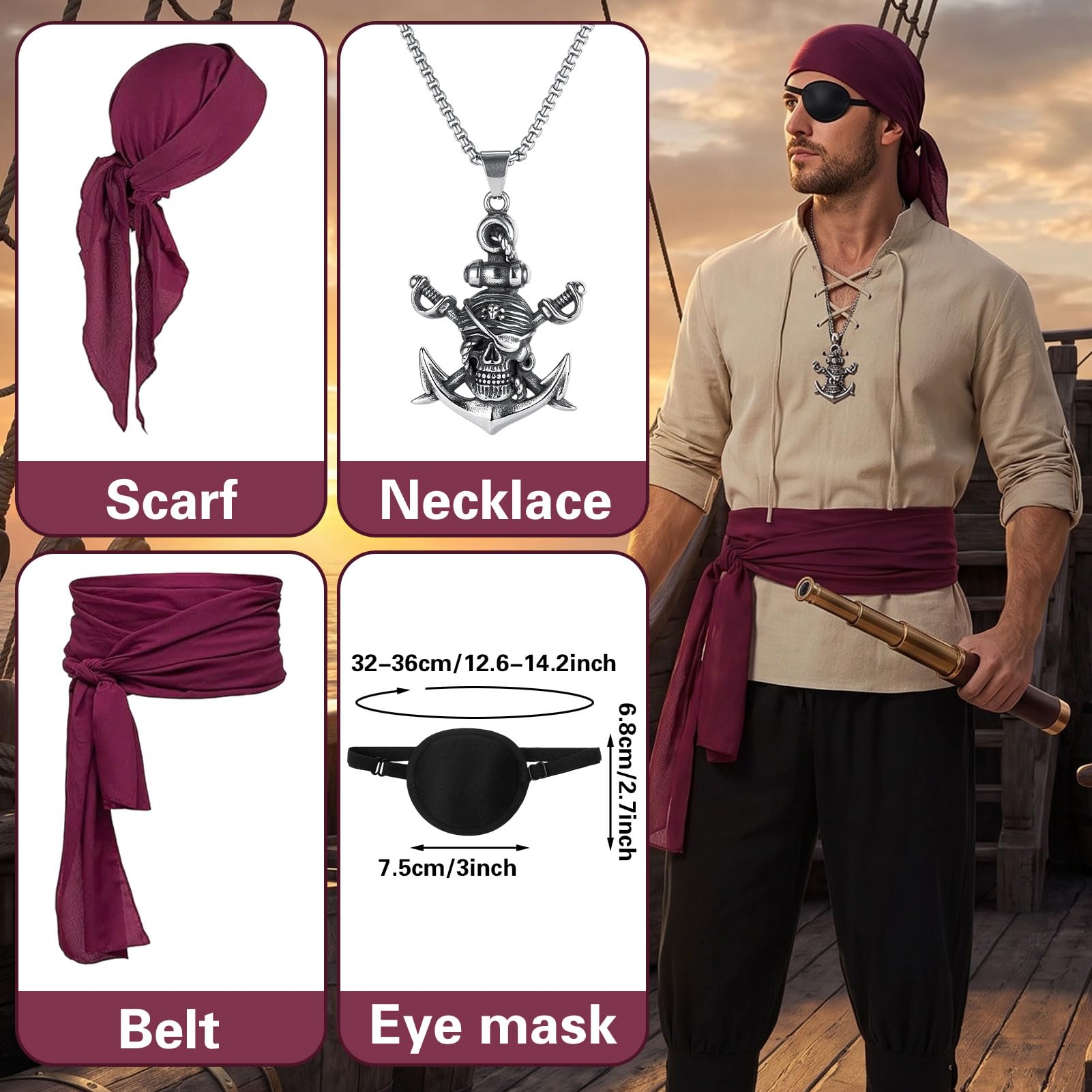 Costume de pirate pour homme avec chemise médiévale, pantalon, accessoires de pirate, costume de pirate pour homme, pour Halloween, carnaval, cosplay, fêtes