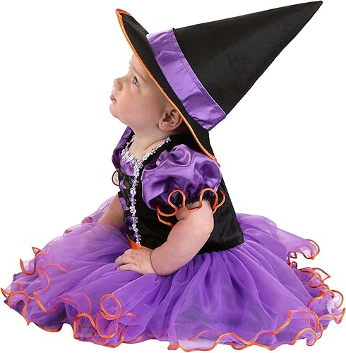 Vista 2 de Disfraz de bruja de cinta morada para bebé, vestido de satén de terciopelo con volantes de malla y sombrero de fieltro, falda de Halloween