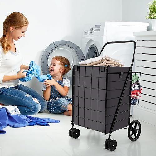 Miniatura 9 de Safstar - Carrito de compras con bolsa Oxford Liner, carrito de compras plegable de 27 galones con ruedas, cesta doble, capacidad de peso de 330