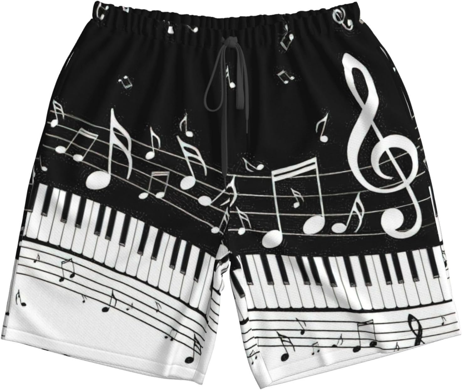 WURTON Piano Keys with Musical Notes Print Men's Swim Trunks Quick Dry Beach Shorts with Pockets Lining Swimwear Bathing