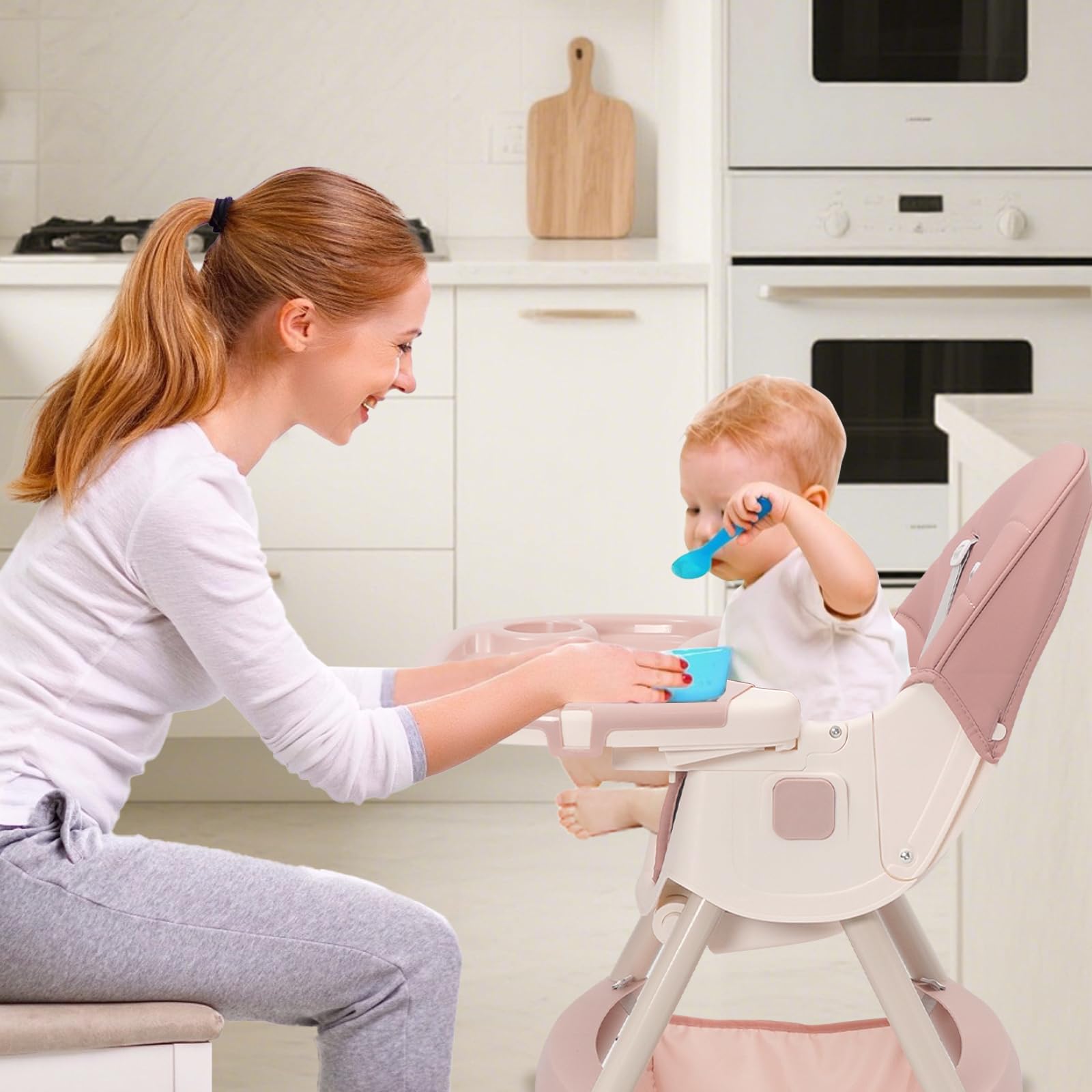 Trona Bebé Evolutiva 3 en 1, Plegable, Reclinable, Doble Bandeja Desmontable, con Ruedas Universales, 3 Respaldos Ajustables y Cinturón de Seguridad de 5 Puntos, Para Bebés a partir de 6 Meses, Rosa