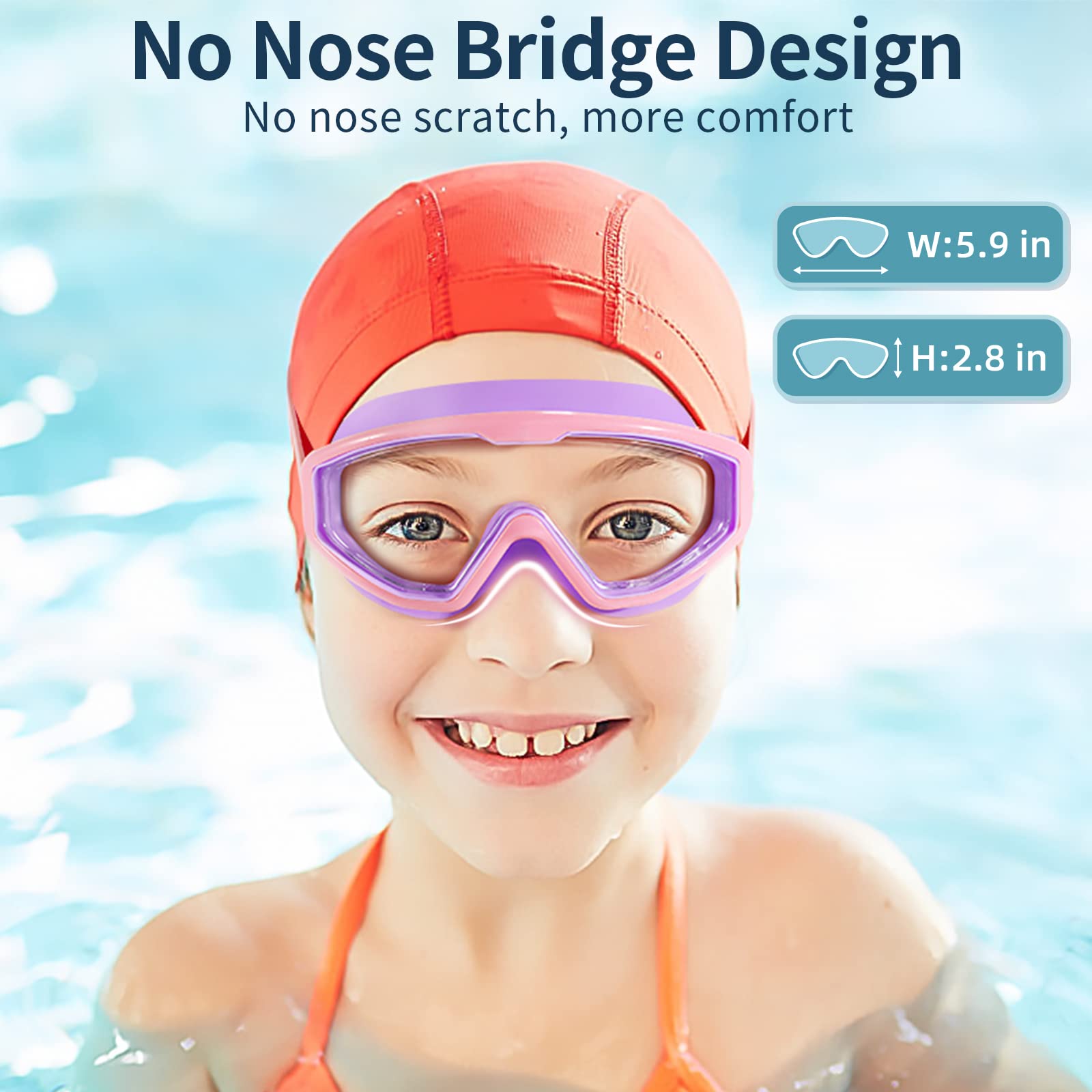 Water Space Lunette Piscine pour Enfant 3-15, Vue Panoramique Anti-Buée Pas de Fuite Lunettes Natation pour La Piscine et La Plage